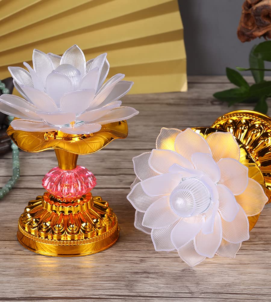 Omeet Colorful LED Lotus Lamp - Eco-Friendly Plastic, White, Model OMNL078B, Ideal for Worship and Display