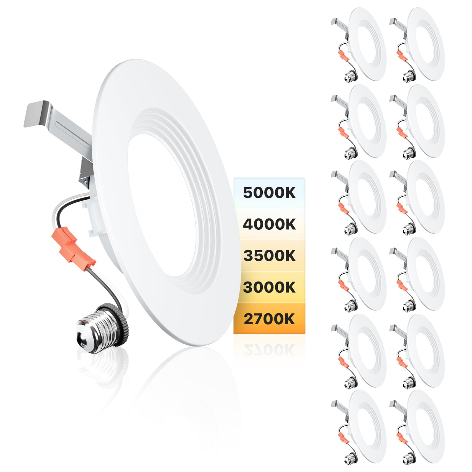 Ensenior 5/6 Inch 5CCT LED Can Lights 12 Pack, Retrofit Led Recessed Lighting, Baffle Trim, Dimmable, 9W=110W, 1000LM, 2700K/300