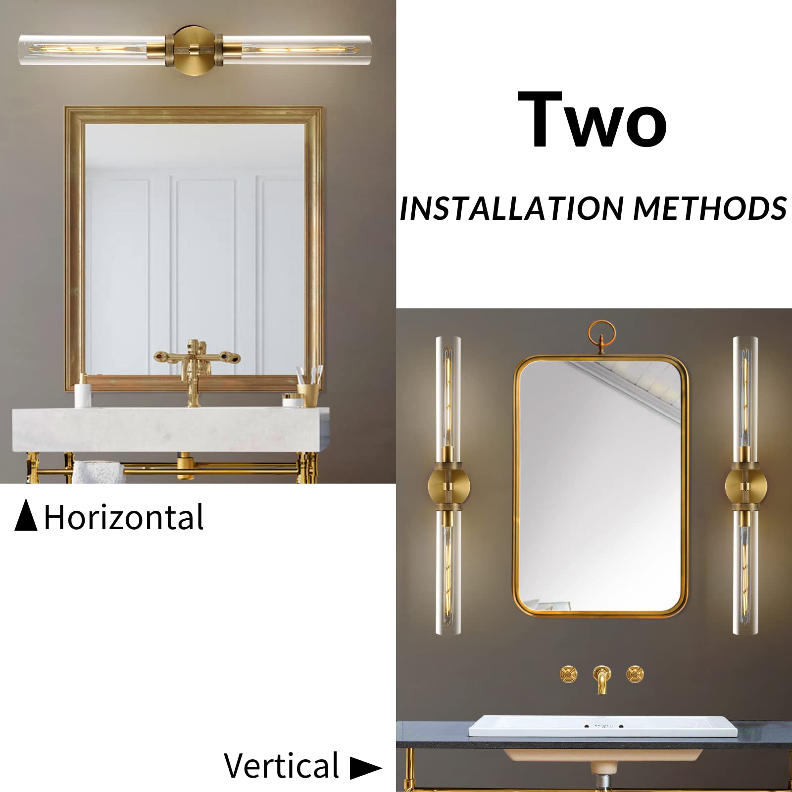 ZHTIECHUI Brass Gold 2-Light Wall Sconces, 30in Double Glass Bathroom Vanity Light, Model Gold-sconces