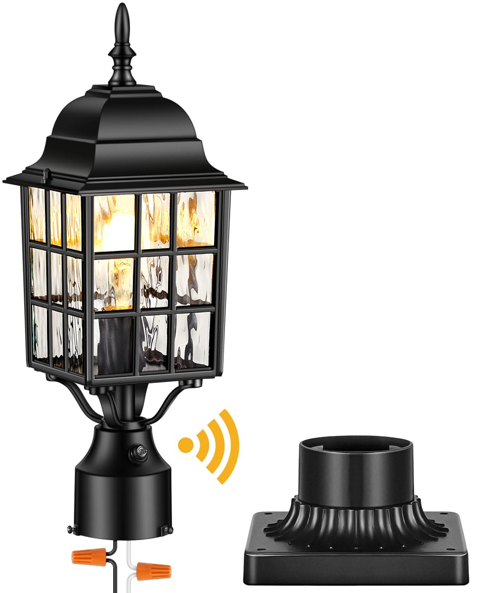 VIANIS Lamp Post Light Fixture with Mount Base, Modern Black Exterior Post Lantern Fixture with Tempered Glass, Anti-Rust Alumin