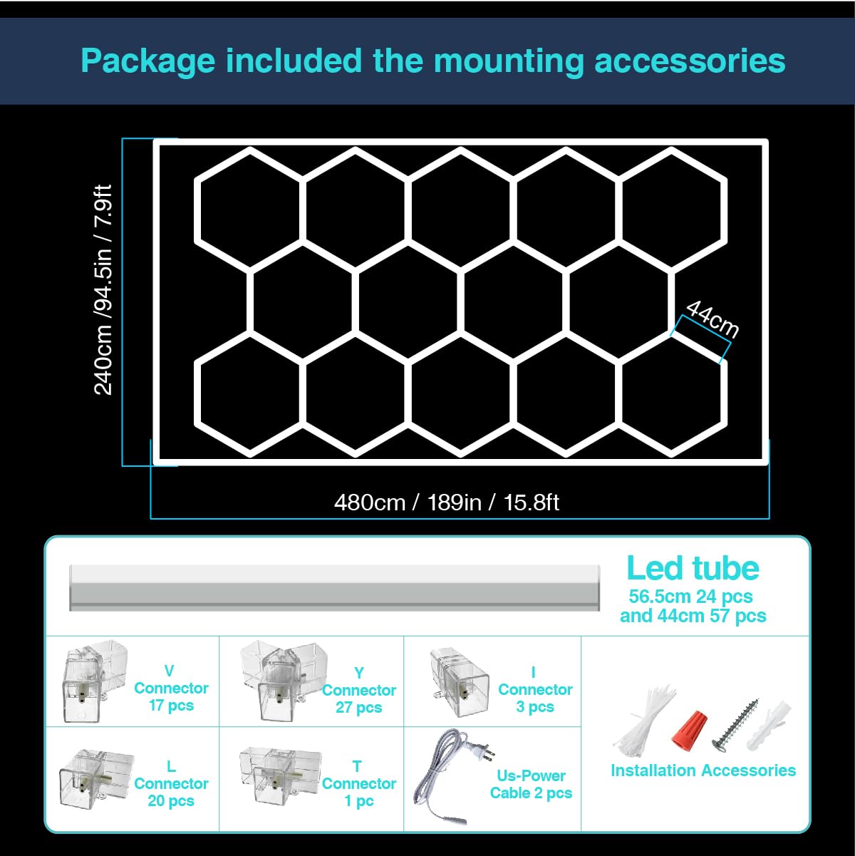 Hexagon Led Garage Light,700W 6500K 77000Lm 81Pack 4.8X2.4M 14 Grid Systems With Border Garage Honeycomb Light Ceiling Led For Gym Basement Warehouse Detailing Workshop Lighting (Hexagon-14-Frame)