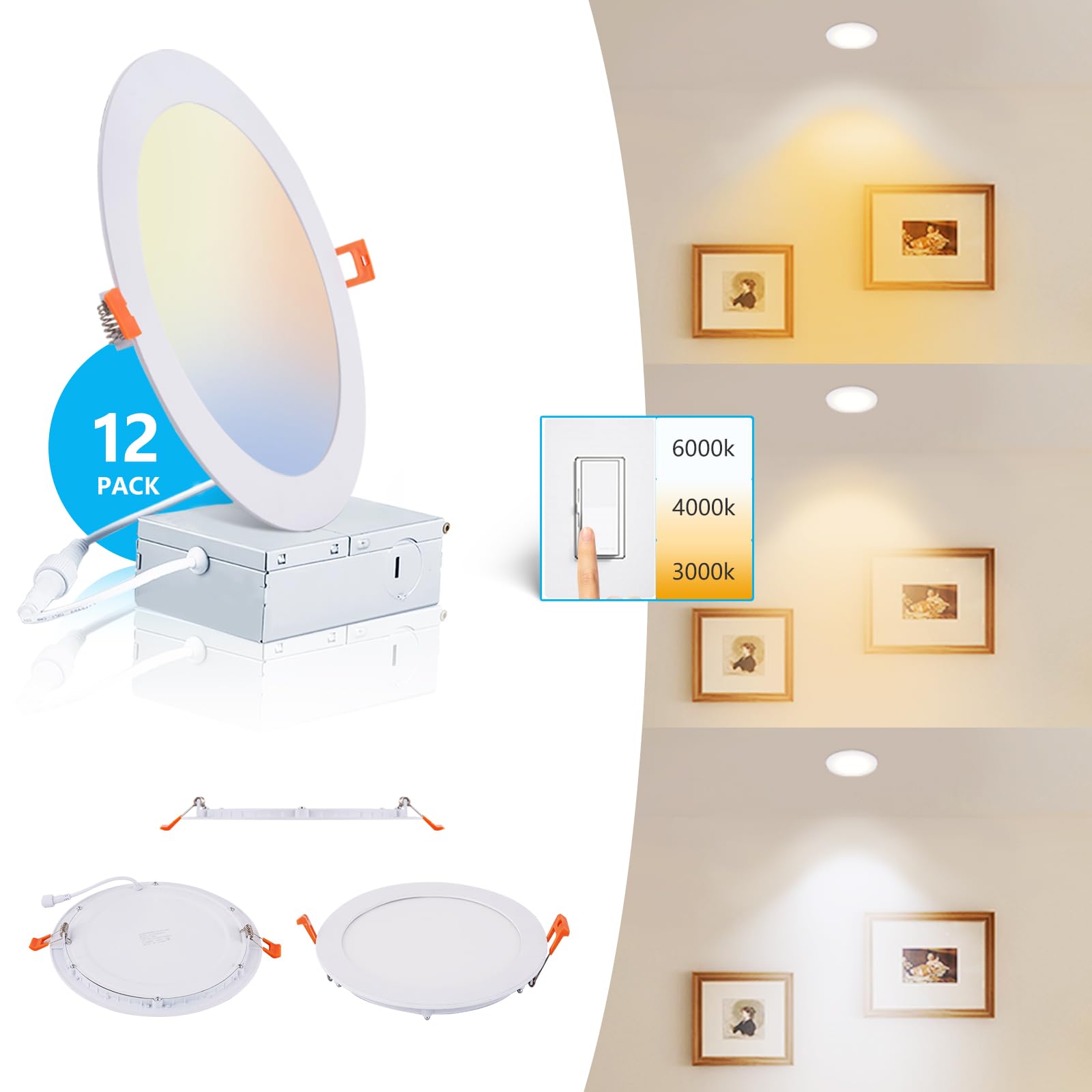 JARLSTAR 8 Inch LED Recessed Light, 12 Pack, 3CCT Dimmable, Aluminum, Model JSD18W, 3000K/4000K