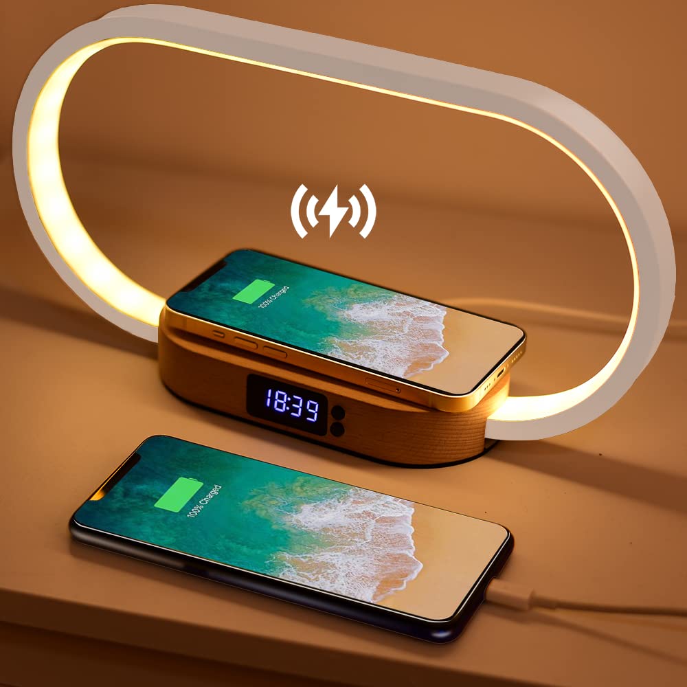 Donewin Bedside Lamp with Clock, USB Port, 10W Fast Wireless Charger, Touch Table Lamps for Nightstand, Bedroom,Wood Decor,Stepl