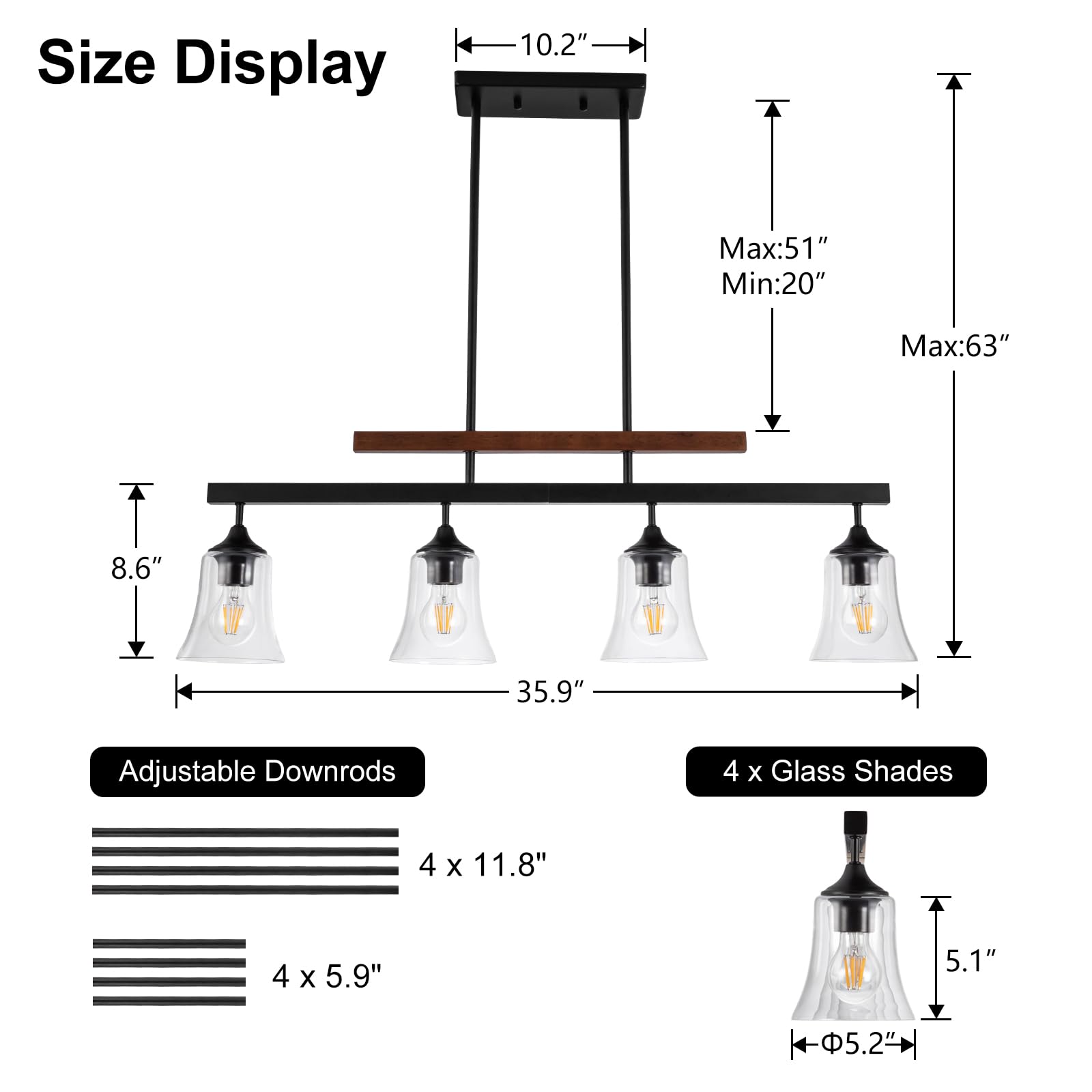 HOGBU 4-Light Dining Room Light Fixture, Clear Glass Pendant Chandelier, Metal, Model G014P-4BK, Farmhouse Style for Kitchen Island