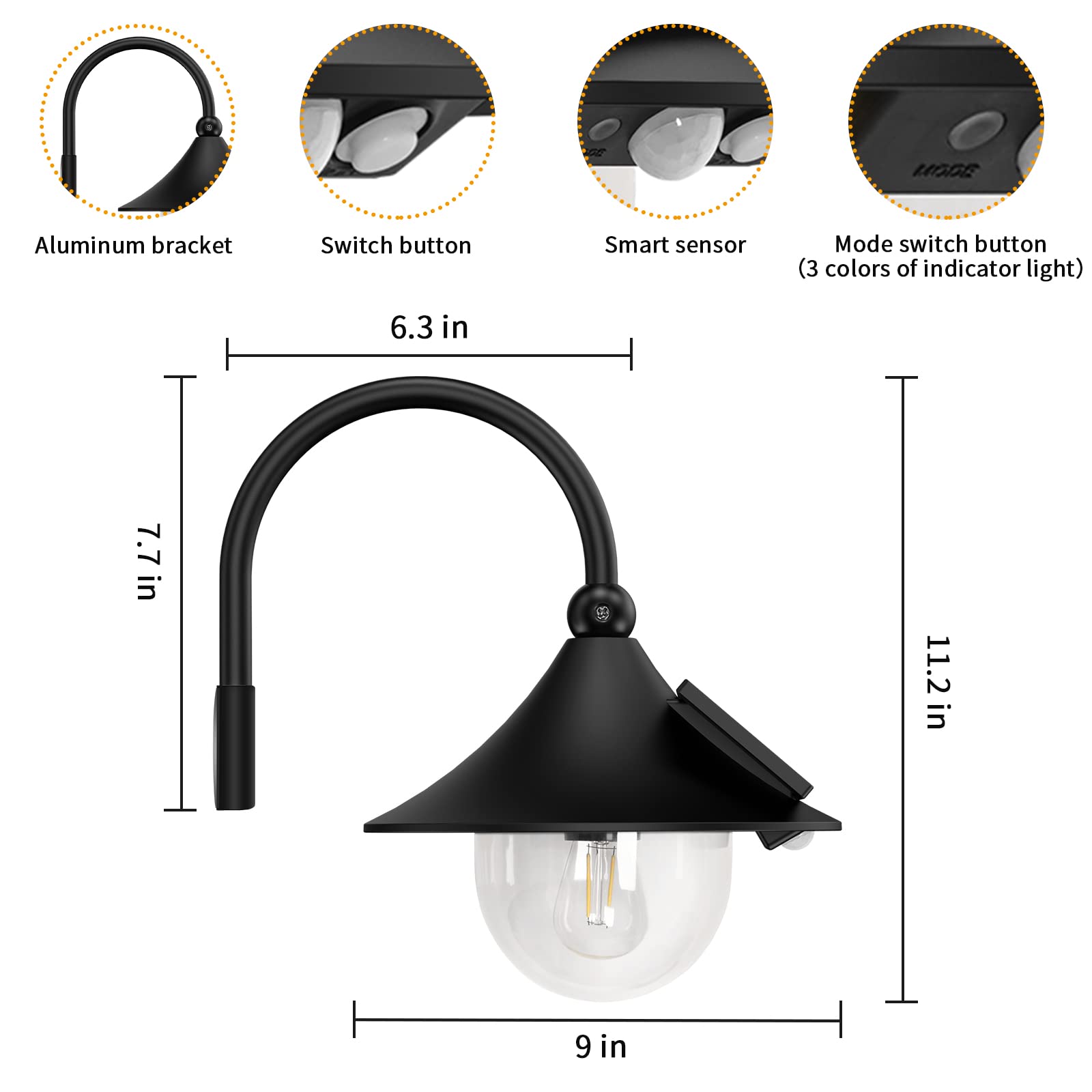 Aqonsie Solar Barn Light - 3 Lighting Modes, Motion Sensing, Waterproof, Vintage Design, Black, Wall Mount for Barn, Shed, Porch, Patio