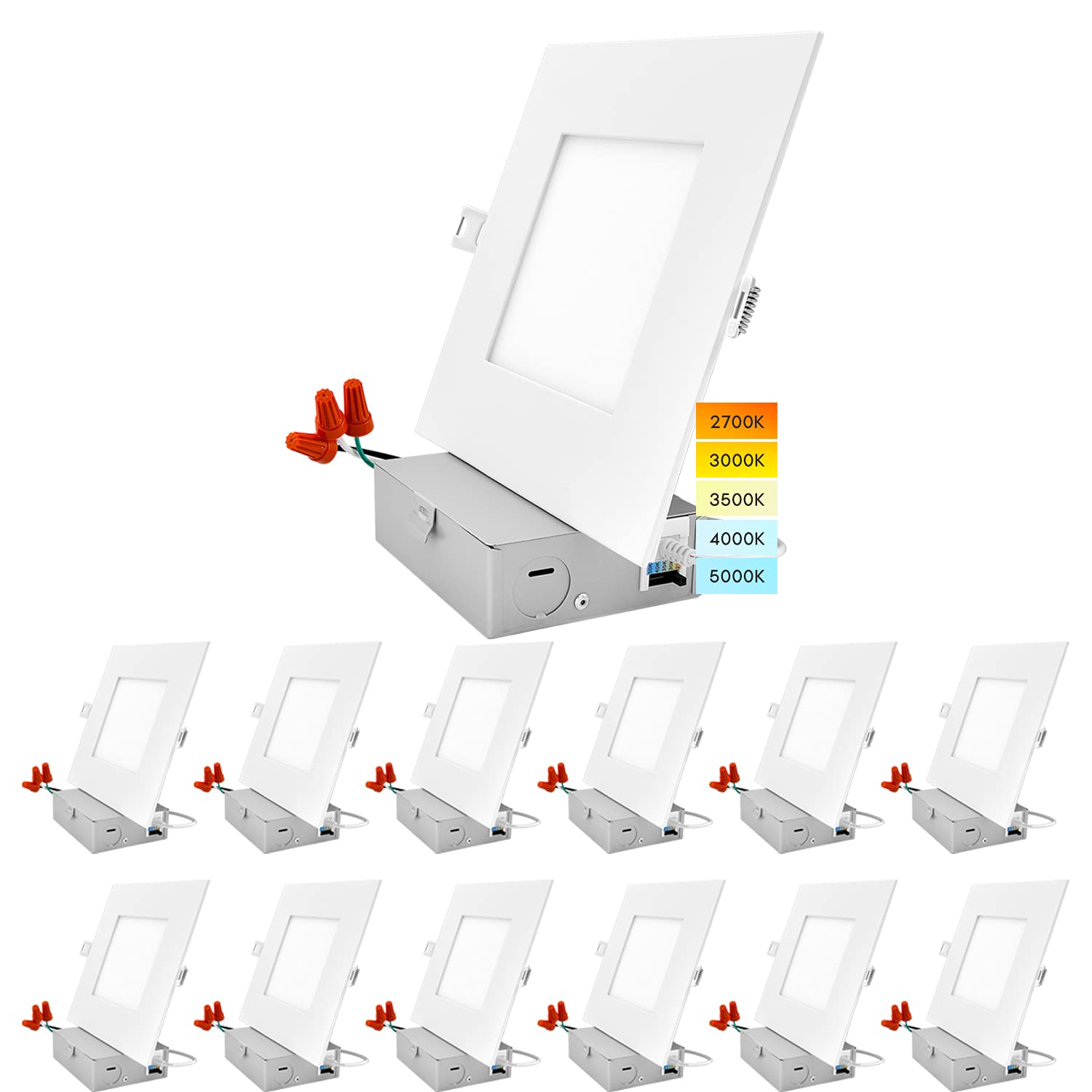 LUXRITE 12 Pack 6 Inch Ultra Thin Square Recessed Lighting, 5 Color Options 2700K - 5000K, Dimmable LED Downlight, 12W, IC & Wet