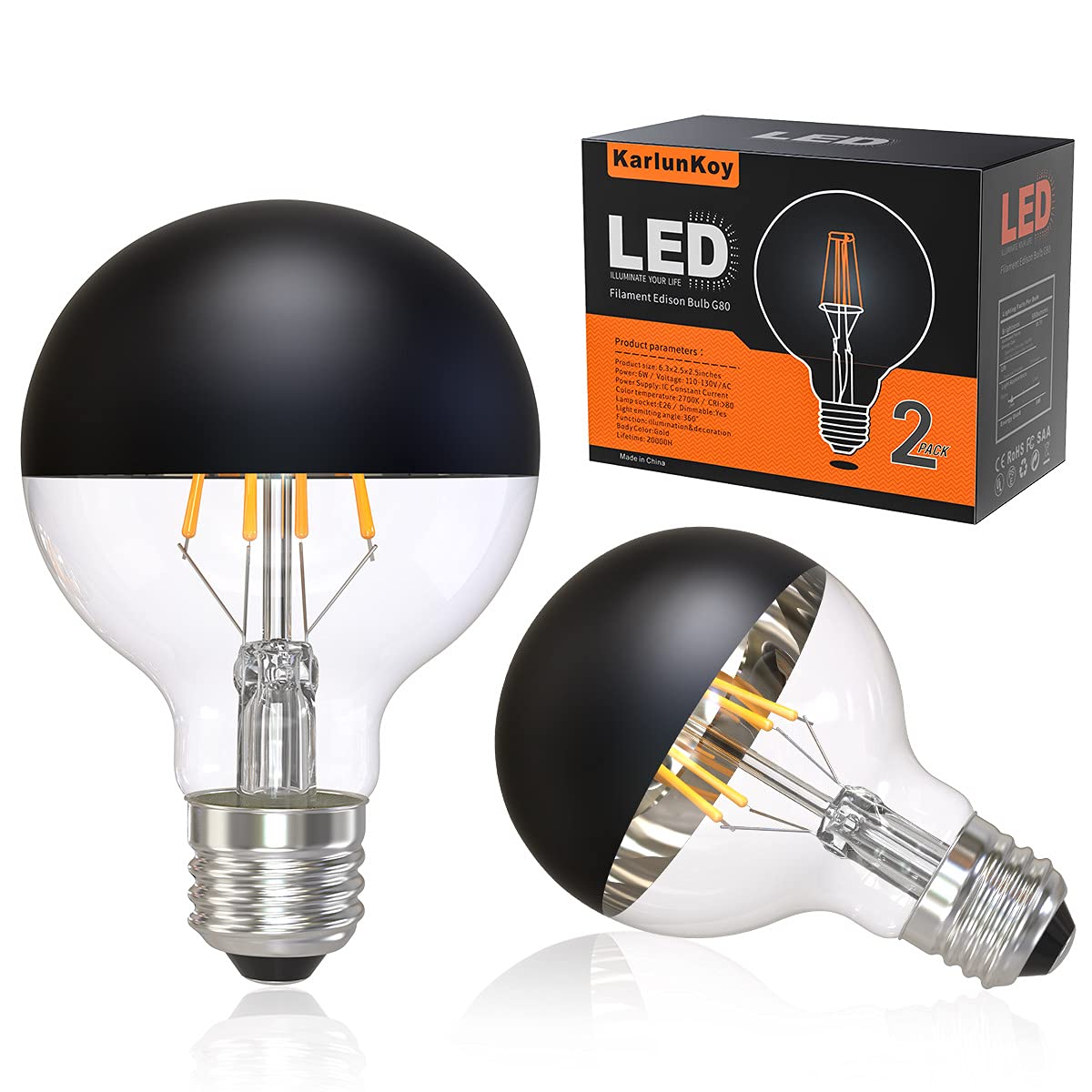 Half Chrome Light Bulb,Dimmable 6W (Equivalent 60 Watt) LED Edison Bulbs,G25/ G80 Half Black Dipped LED Light Bulb Globe Shape 2