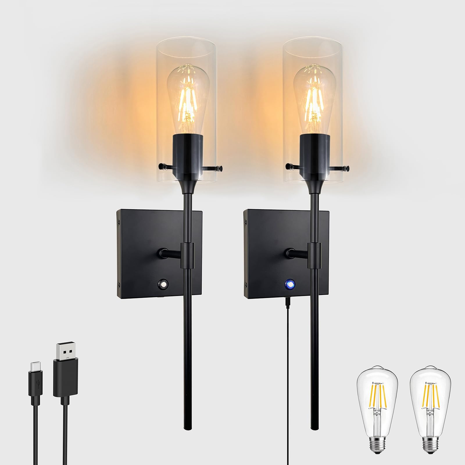 Thyfenno Dimmable Battery Operated Wall Sconce Set Of 2, Rechargeable Wall Mount Light No Wiring, Easy Install Wireless Wall Lamp For Living Room Bedroom Hallway Farmhouse Indoor, Bulb Included