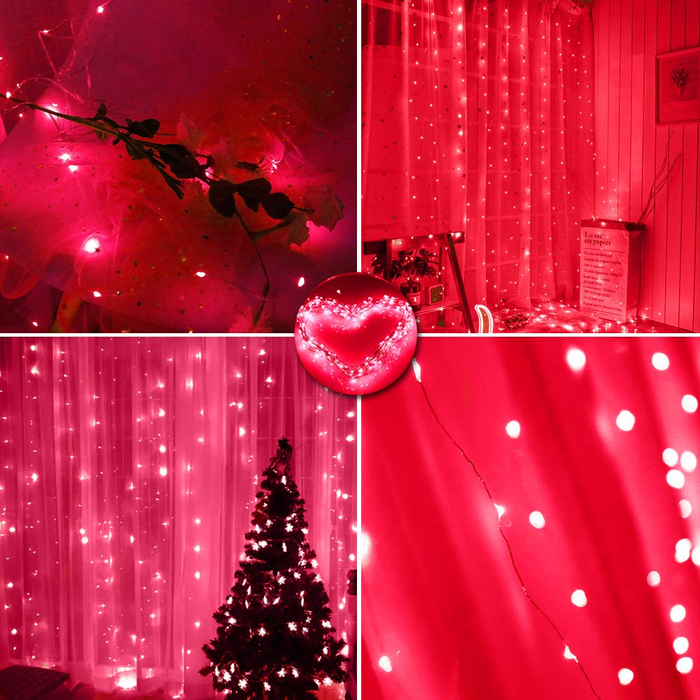Vicila 300 LED Curtain Lights - Red Fairy Lights with Remote, USB Power, 8 Lighting Modes, 9.8ft x 9.8ft, Perfect for Xmas & Valentine's Day Decor