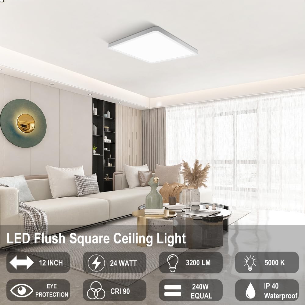inShareplus 12 inch LED Ceiling Light, 3200LM 24W, Daylight White, Flush Mount, Plastic (ABS+PS)