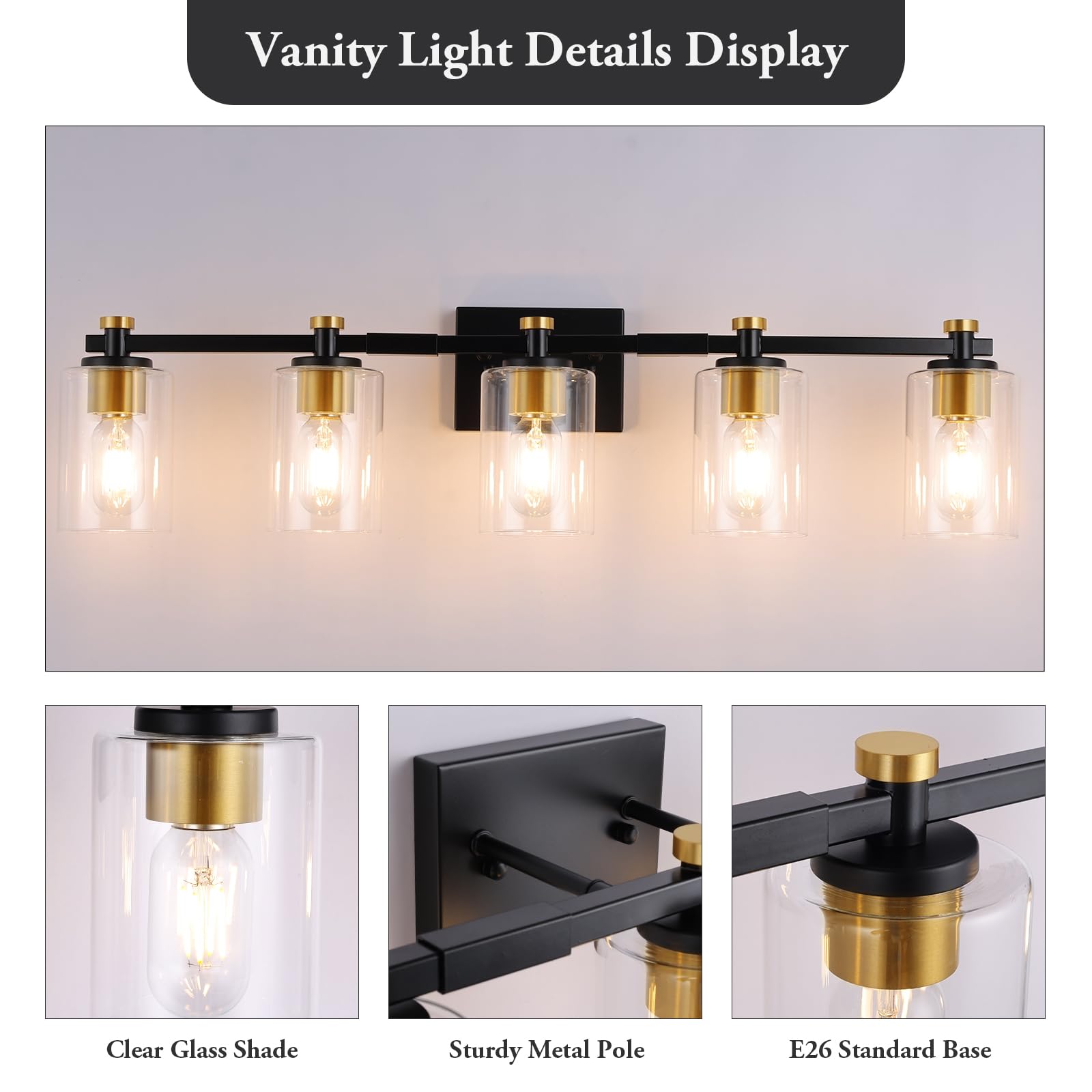 Jdvads 5 Light Bathroom Vanity Light Fixture, Black and Gold, Clear Glass Shade, Model VL001-5-BG