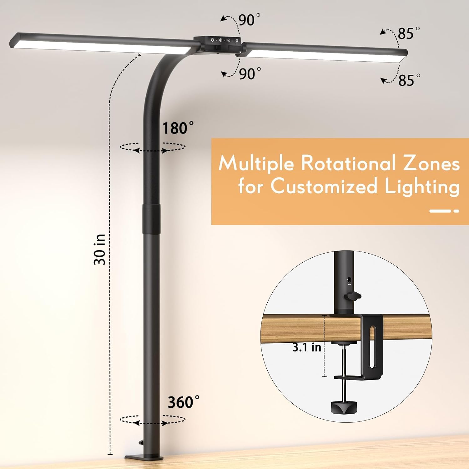 Quntis Double Head LED Tall Desk Lamp for Home Office, 31.5-inch Foldable Computer Desk Light with Clamp, Dimmable Dual Monitor