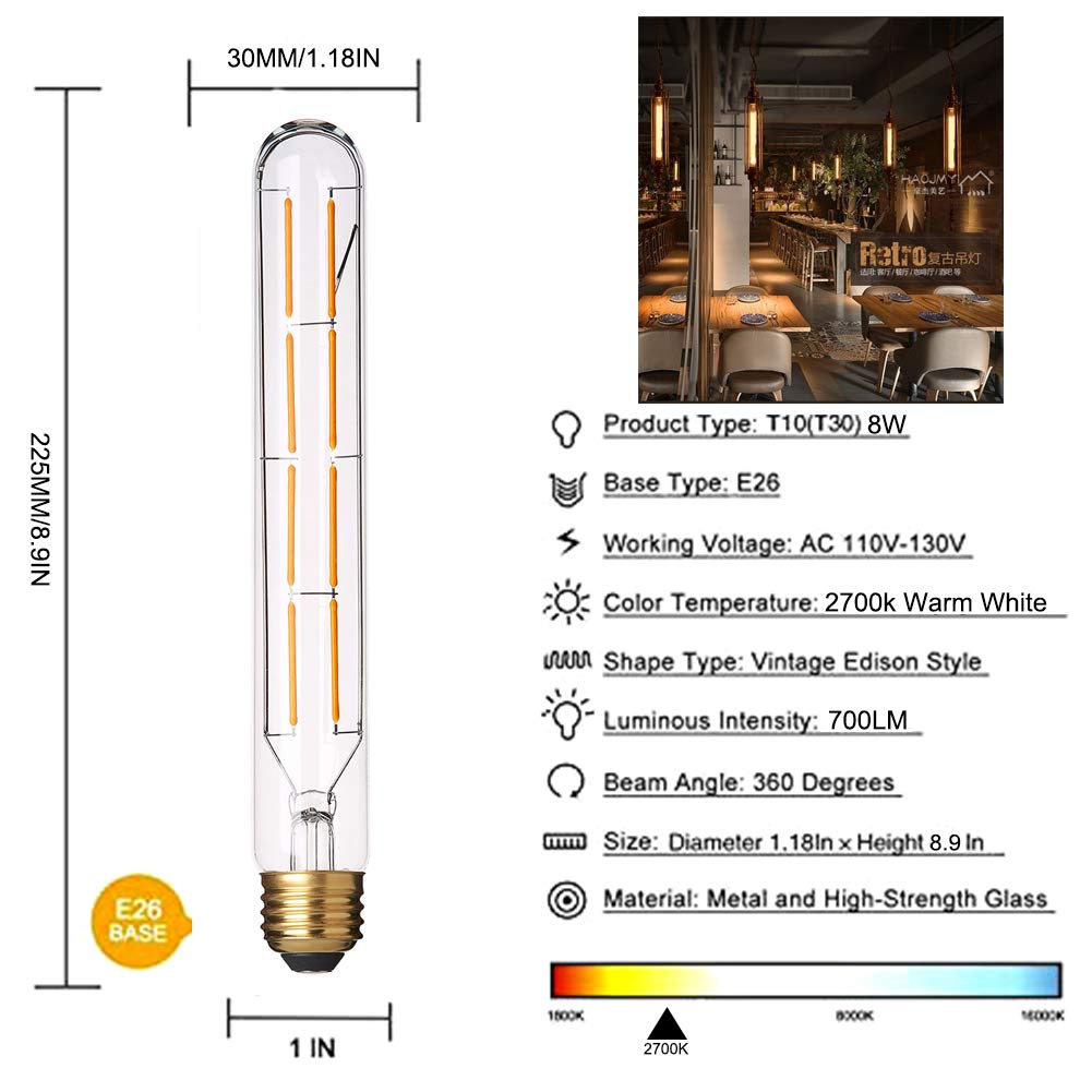 YFXRLIGHT Dimmable T10 LED Bulb, 8W (80W Equivalent), Warm White 2700K, 700LM, 4 Pack, Metal, 8.