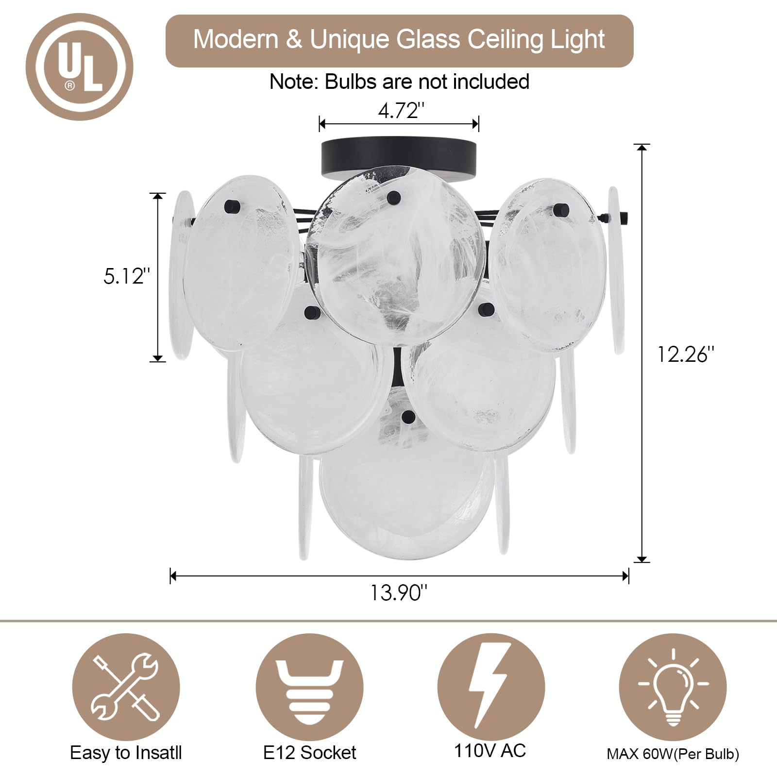 Vanzarla Modern Flush Mount Glass Ceiling Light, Black Hallway Lights Vintage Chandelier, 4-Light Unique Light Fixture For Bedro