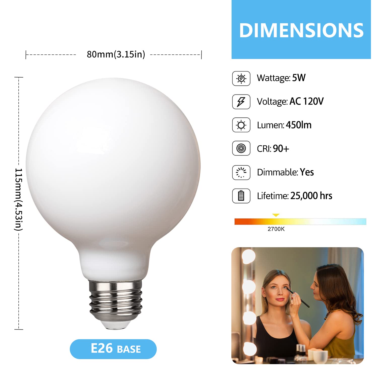 Futime G25/G80 Led Globe Light Bulbs, 5W Led Vintage Edison Bulb (40W Equivalent),Warm White 2700K,Dimmable Makeup Mirror Lights