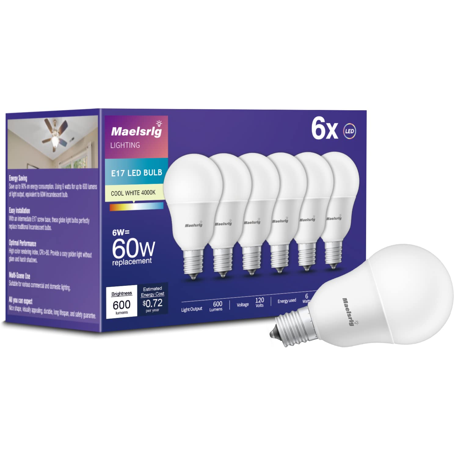 Maelsrlg E17 LED Bulb G14 Globe 6W 600 Lumens Cool White 4000K Pack of 6