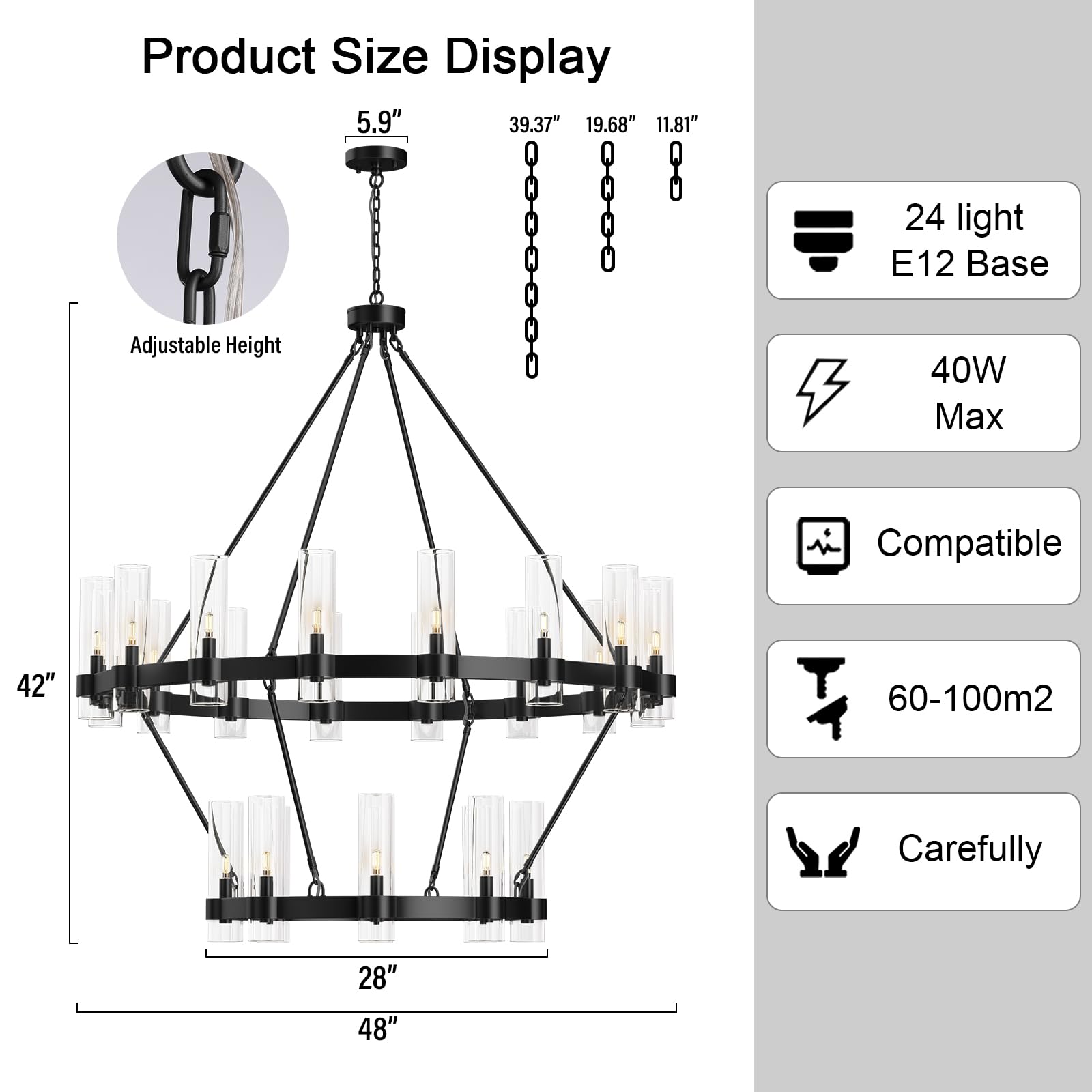 Yiosi Black Chandelier, 24-Lights Wagon Wheel Chandelier With Glass Shade,48 Inch Large Round Industrial High Ceilings Pendant L
