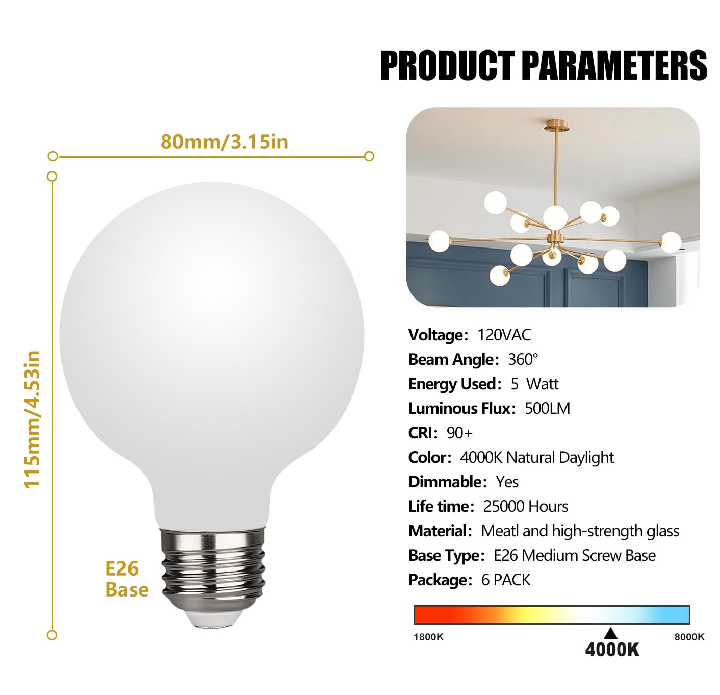 Kgc Led Globe Light Bulbs, Neutral White 4000K Cri 90, Led Filament Light Bulb, 5W Equivalent To 40W, G25(G80) Dimmable 500Lm E2