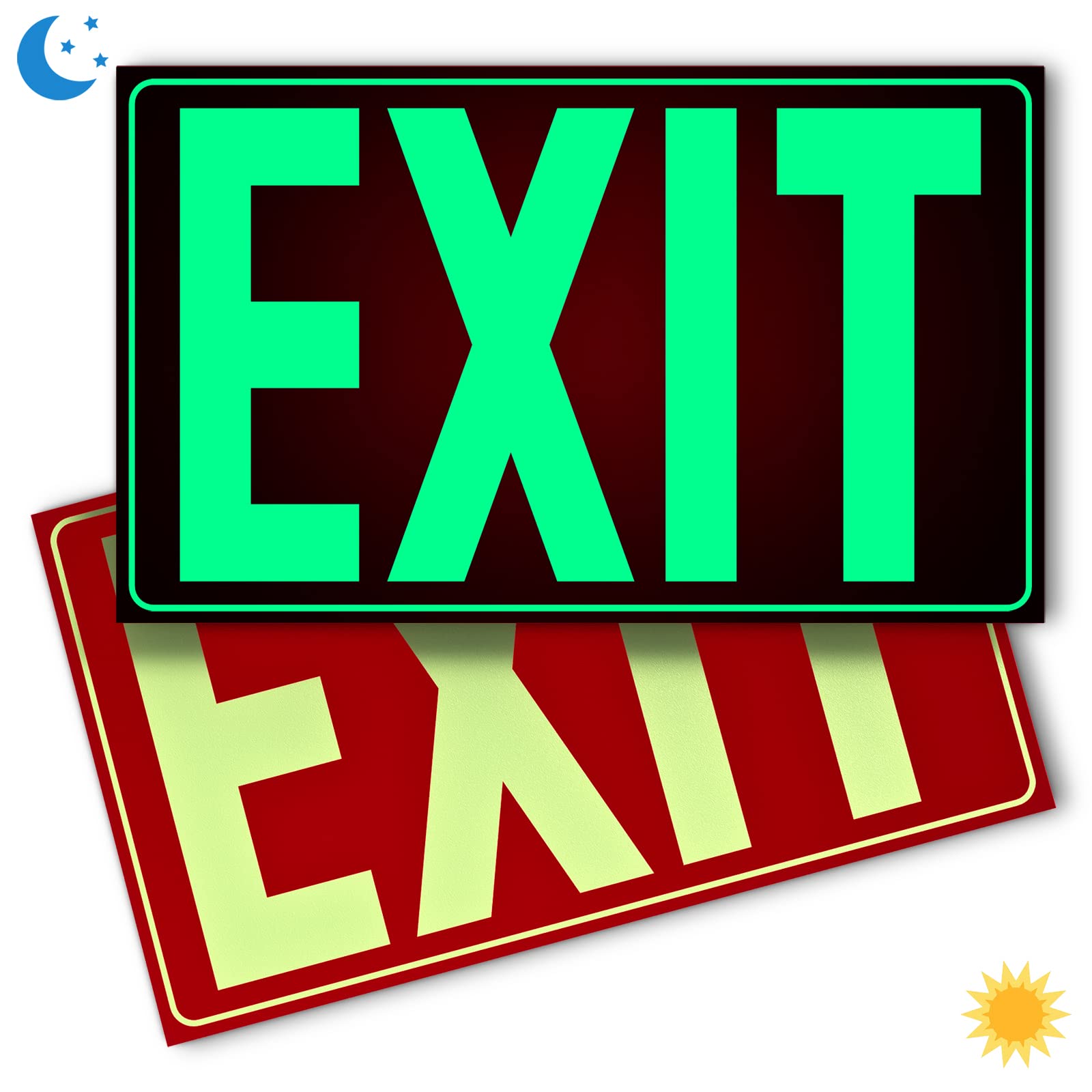Glow In The Dark Photoluminescent Exit Sign Red - Adhesive Backing – Uv Inks On Tear-Resistant Pvc - Non Electrical - Scratch Resistant -12 X 7 Inches For 50 Feet Visibility (2 Pack)