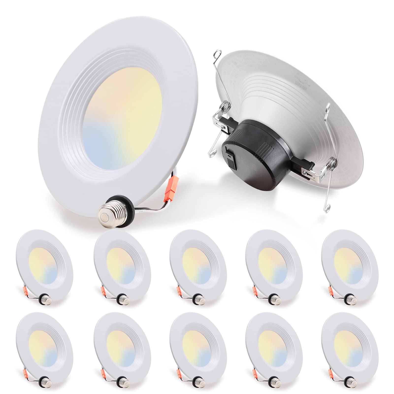 12 Pack 5/6 Inch 5Cct Led Recessed Downlight, Can Lights With Baffle Trim, Wet Rated, E26 Base, 10.5W=85W, Cri 90, Dimmable, Simple Retrofit Installation, Energy Star & Etl Listed