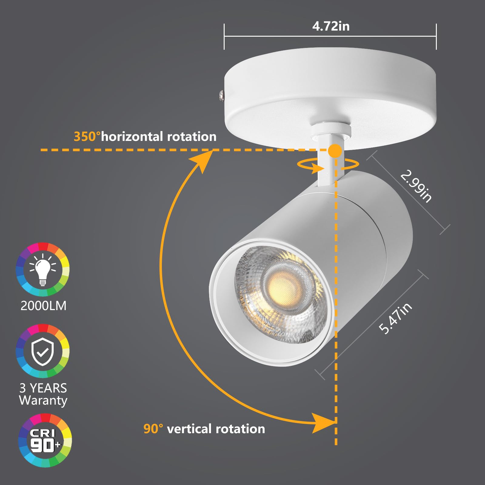 Vanoopee 3 Color Dimmable Led Ceiling Spotlight, Adjustable Directional Light, 20W, 2000Lm,