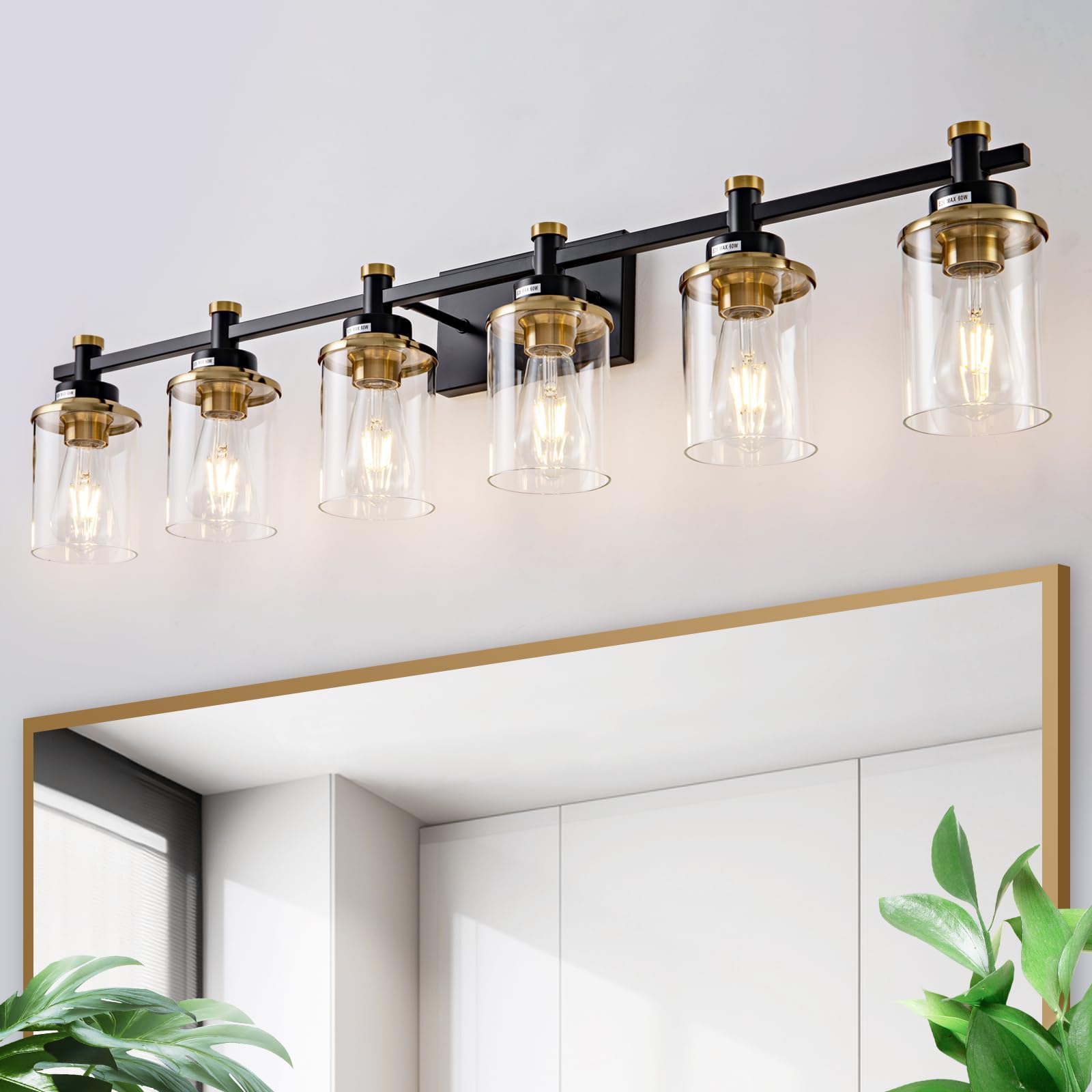Aixialin 6 Bathroom Vanity Lights, Black And Gold Bathroom Light Fixtures, Sconces Wall Lighting With Clear Glass Shade, Modern