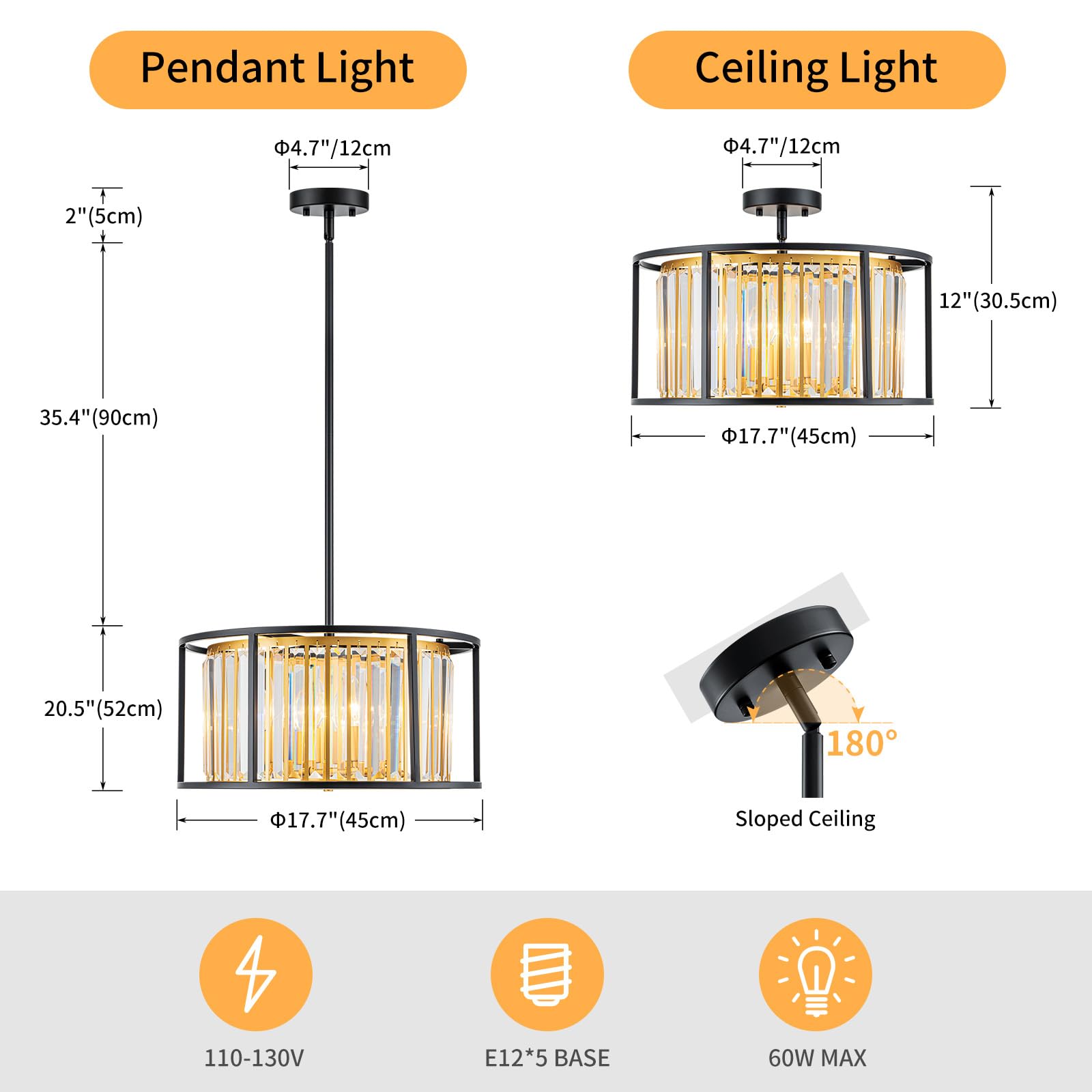 Lumfurn 5-Lights Crystal Drum Chandeliers, 2-Layer Modern Pendant Light Fixture For Dining Room, Living Room, Bedroom, Adjustabl