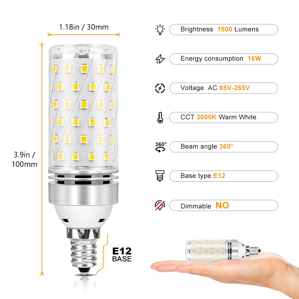 Inshareplus E12 Led Bulbs, 16W E12 Base Led Light Bulb, Warm White Soft White 3000K, Cri80+, 1500Lm 120W Equivalent, Led Chandel