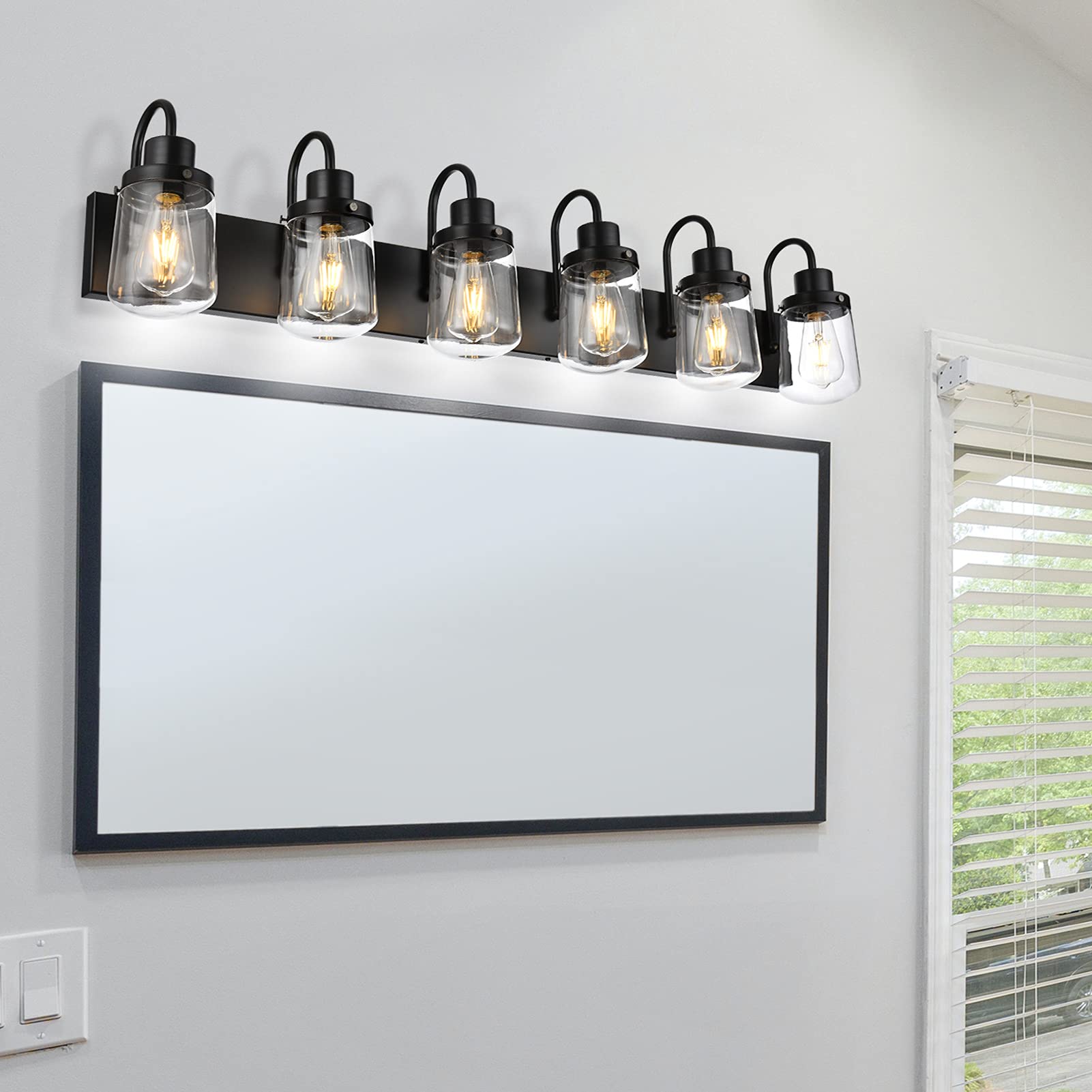 Yaohong Black Bathroom Vanity Light Fixture with 5 Glass Globe Shades, Model AT9064WL5-BK for Hallway, Kitchen, Living Room