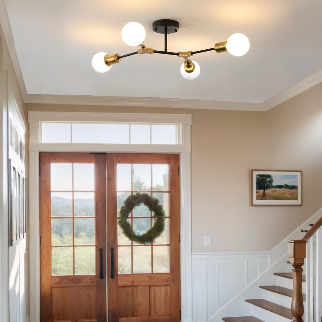 Quoobe Modern Semi Flush Mount Ceiling Light Mid Century 4 Light Lighting Fixture For Dining Room Bedroom Kitchen Foyer Entryway Hallway Metal Gold And Black Sputnik Chandelier