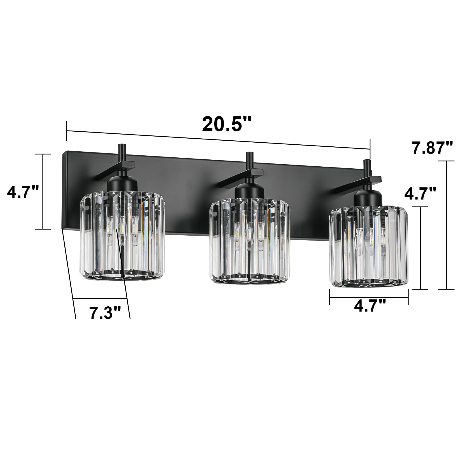 HUOKU Bathroom Vanity Lights, Modern 3-Light Crystal Wall Lighting, Black-Round Shade, Metal, Model 37487a34-85aa-442a-bf20-a85861846