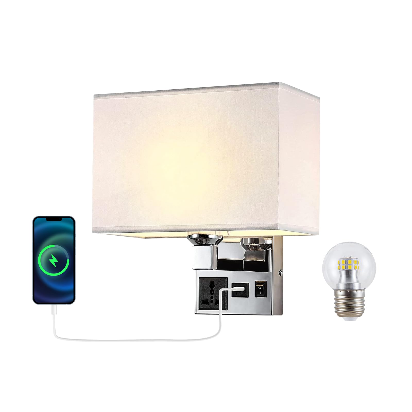 Moon rural Bedside Wall Mount Light with USB, LED Reading Swing Arm Fabric Shade Wall Sconce, Hardwired Wall Lamp for Bedroom, L