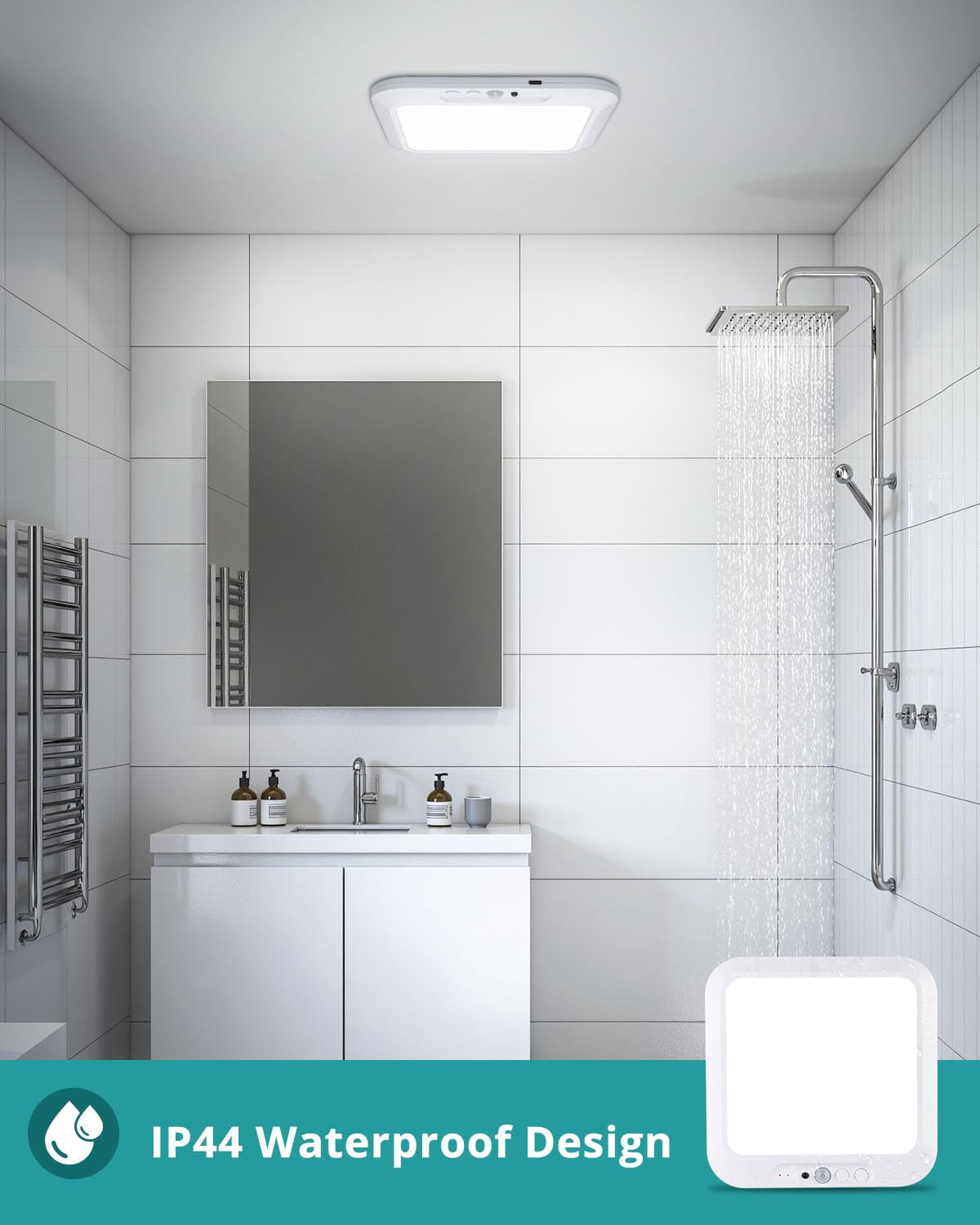 wowatt Rechargeable Motion Sensor Ceiling Light, 3000K-6500K Dimmable, Wireless Indoor Shower Lamp, 1 Pack, 3CCT-Square