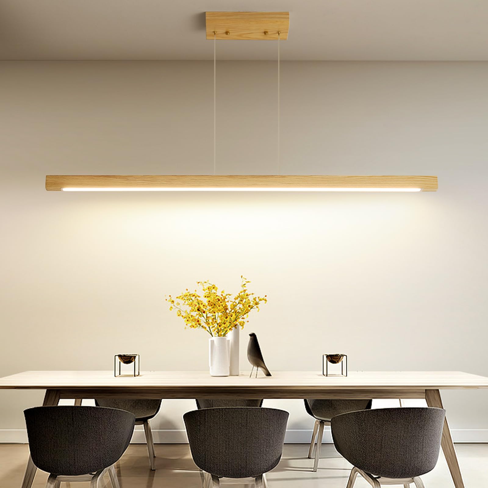 Wooden Linear Pendant Light, 47'' Modern Chandeliers for Dining Room, Dimmable Pool Table Island Lights for Kitchen, LED Ceiling