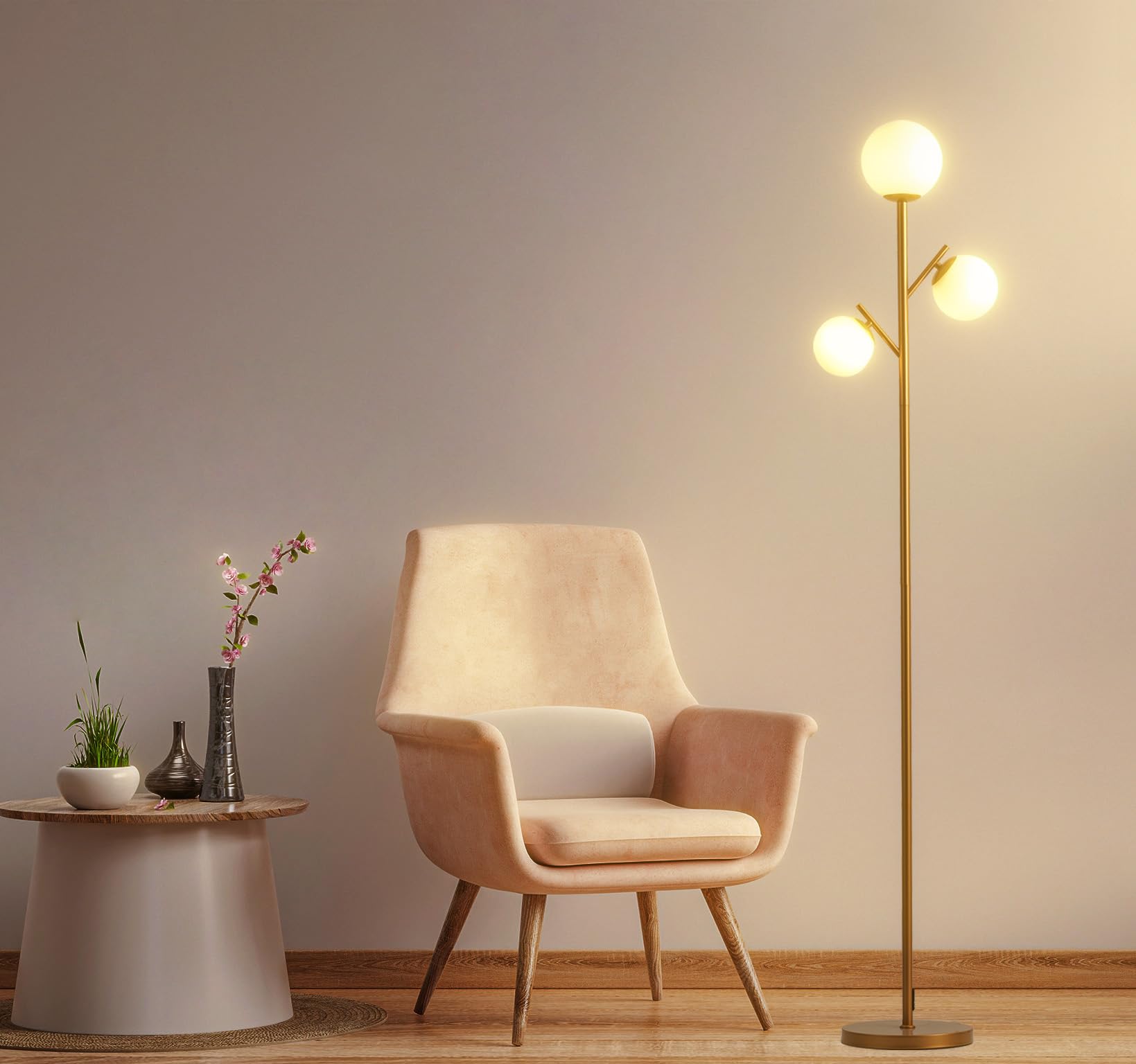 Fiqevs Mid Century 3 Globe Floor Lamp - Vintage Gold With Led Bulbs & Frosted Glass Shades