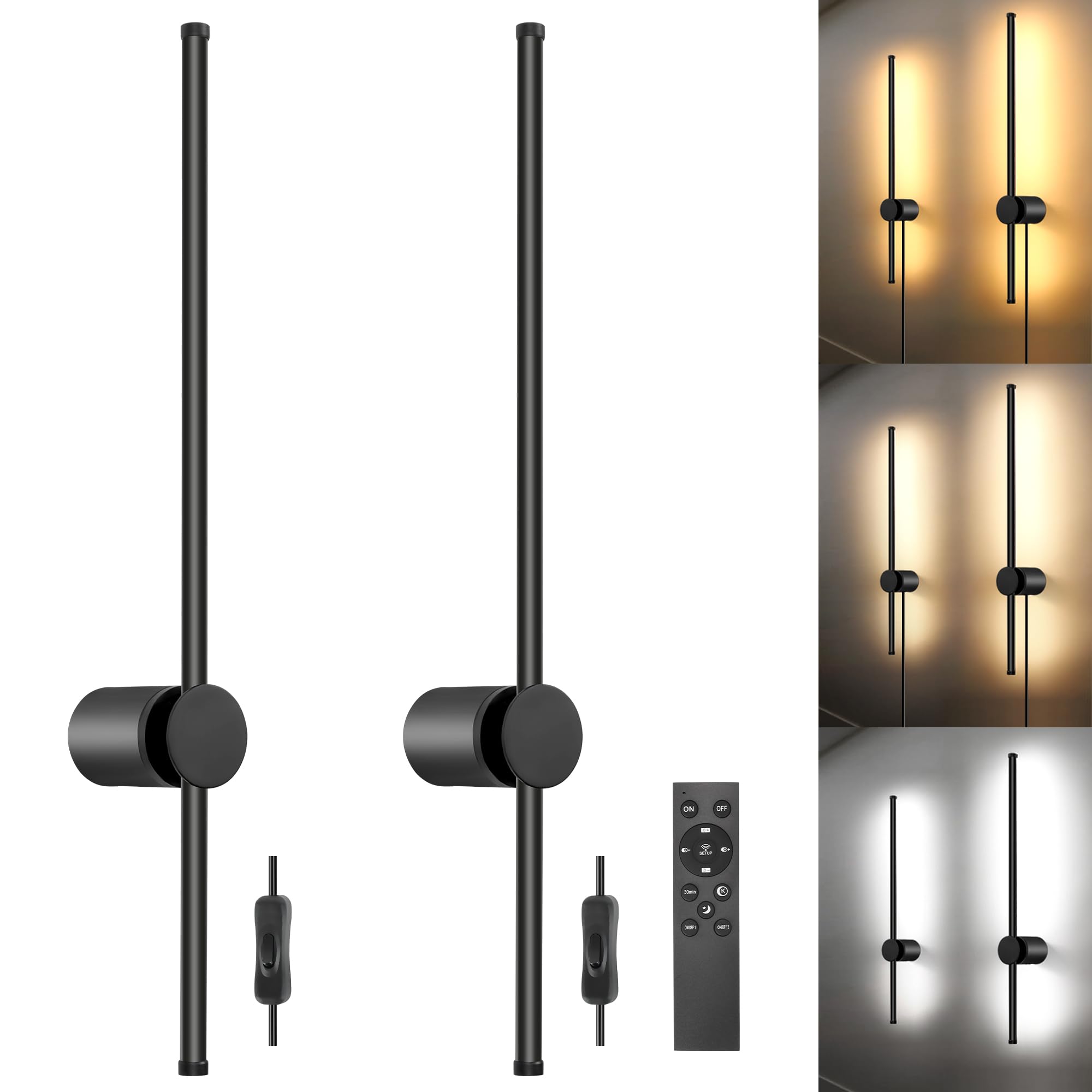 GOODATE Wall Sconces Set of Two, 3000K-6500K Color Temperature, 23.6 Inches, Black, Model CDG-2PACK, Remote Controlled, Dimm