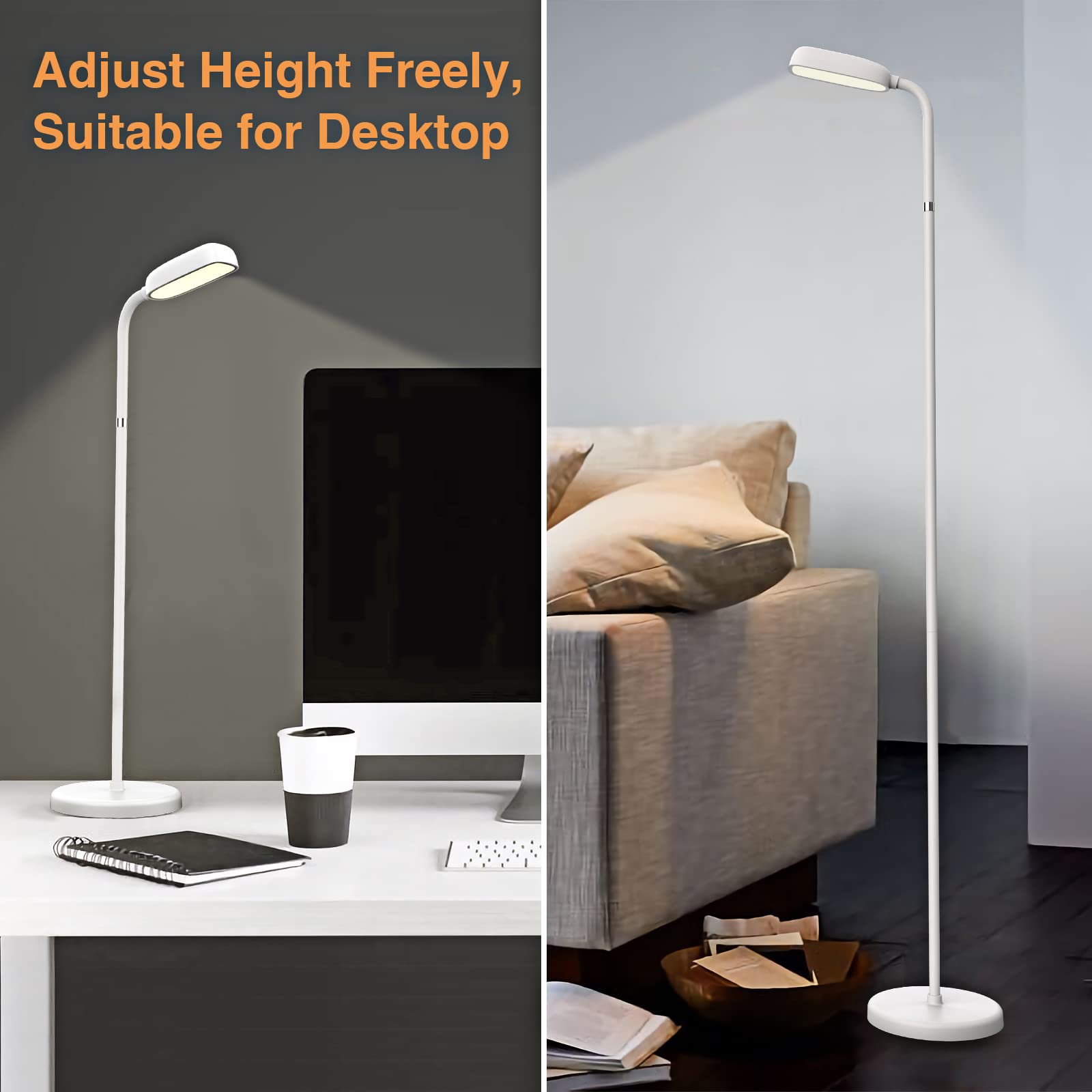 YUWLDD Cordless Floor Lamp, 5000mAh Rechargeable, Touch Control, Gooseneck, 3 Color Temperatures, White, Model LD202