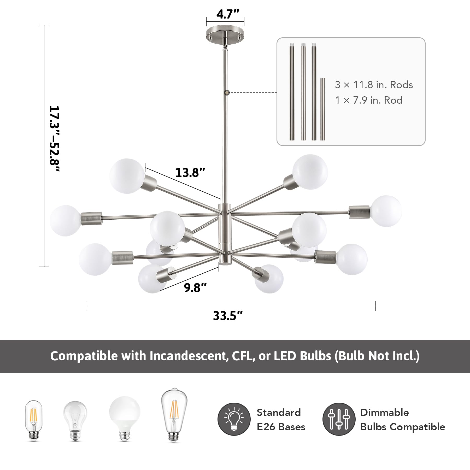 Vonluce 12-Light Sputnik Chandelier, Morden Chandelier For Dining Room, Adjustable Chandelier Over Table For Living Room Kitchen