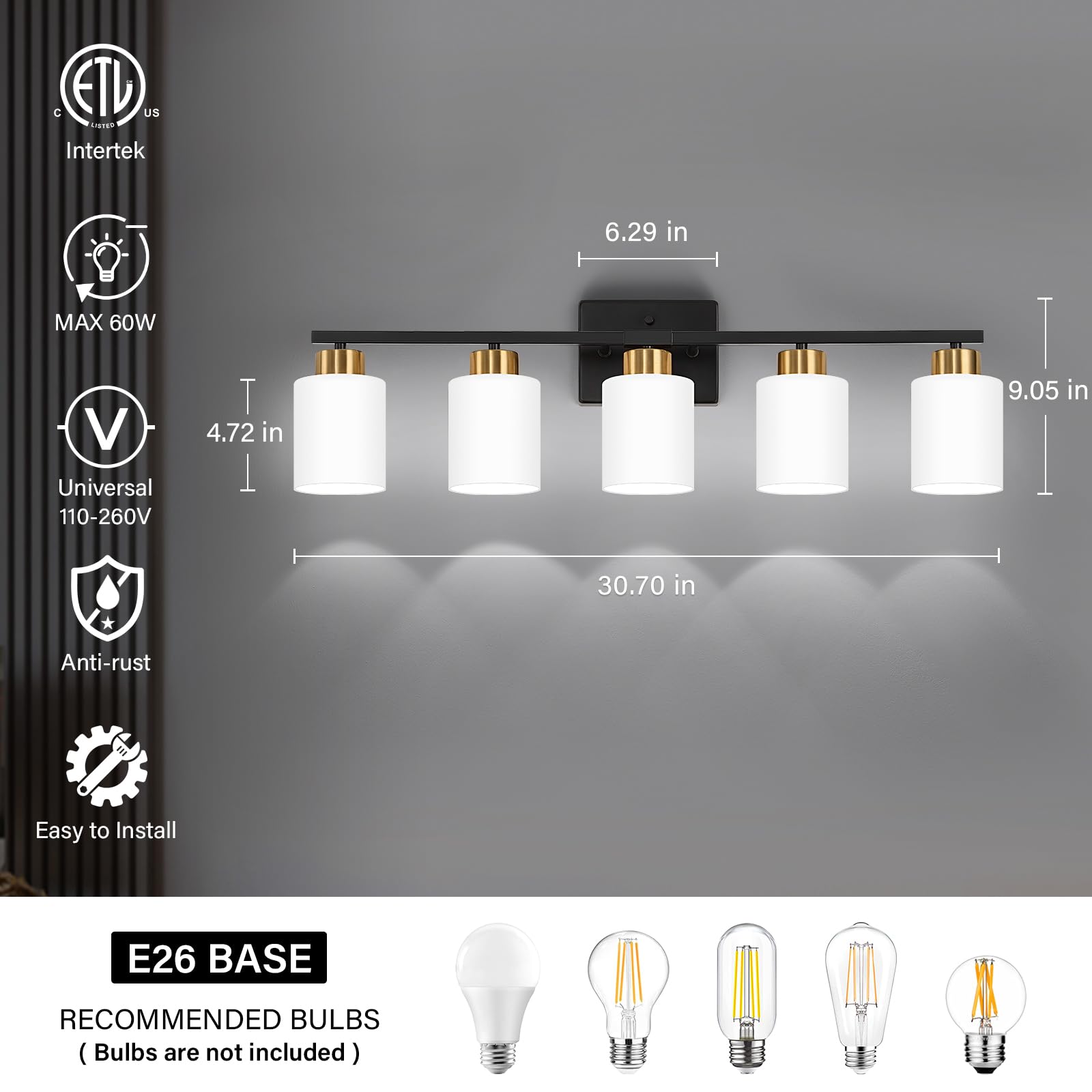 Fonmyim Black And Gold Bathroom Light Fixtures, 5-Light Modern Vanity Light Over Mirror, Wall Sconces With Milky White Frosted G