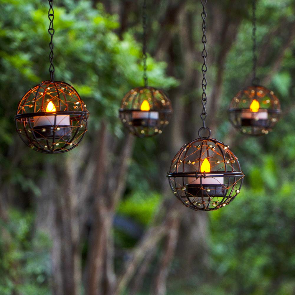 Solar Lights Outdoor Hanging Lanterns, ZHONGXIN Beaded Copper Wire Ball Candle Holder with Solar Tea Lights, Perfect for Home, G