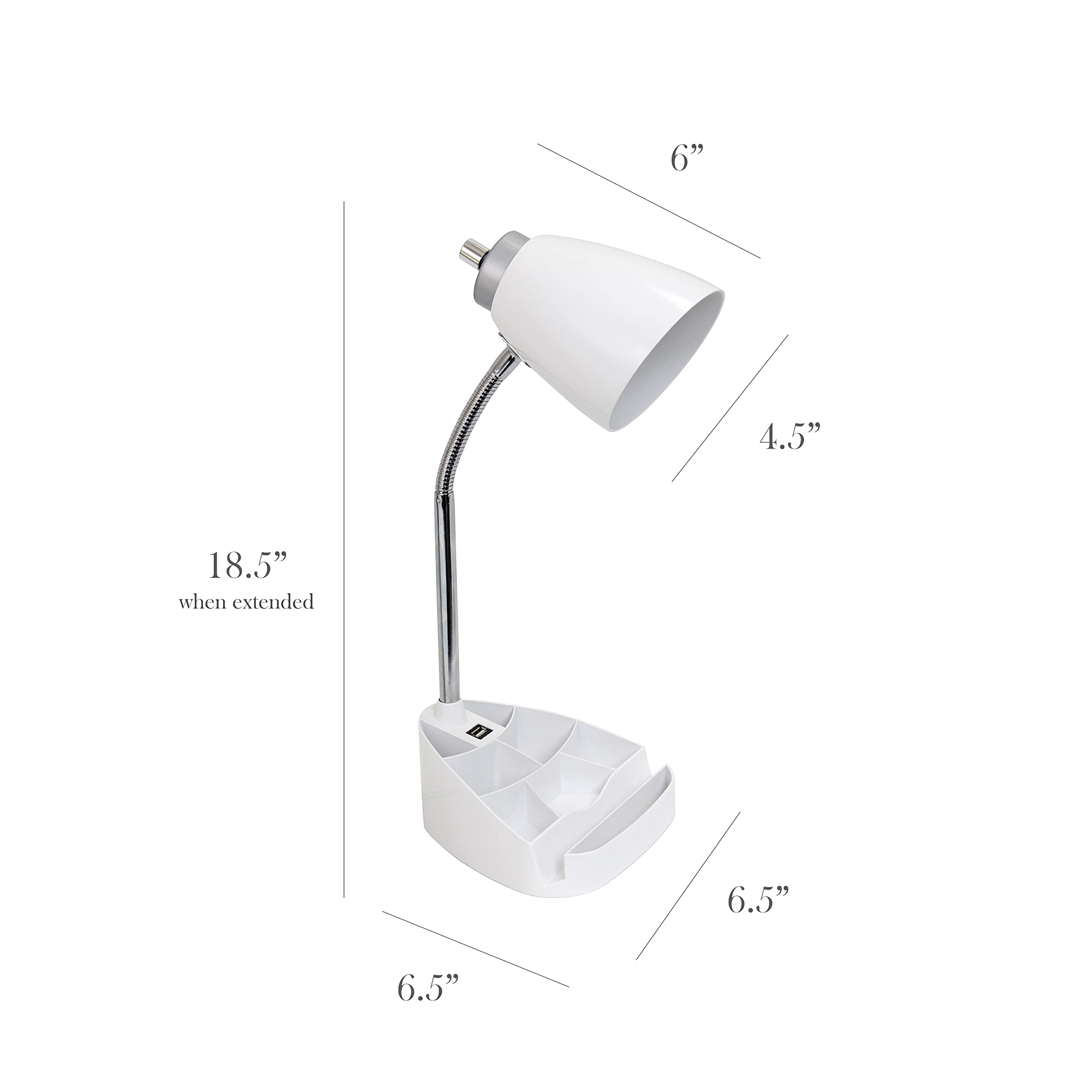 Simple Designs Ld1056-Wht Gooseneck Organizer Desk Lamp With Ipad/Tablet Stand Or Book Holder And Usb Port, White