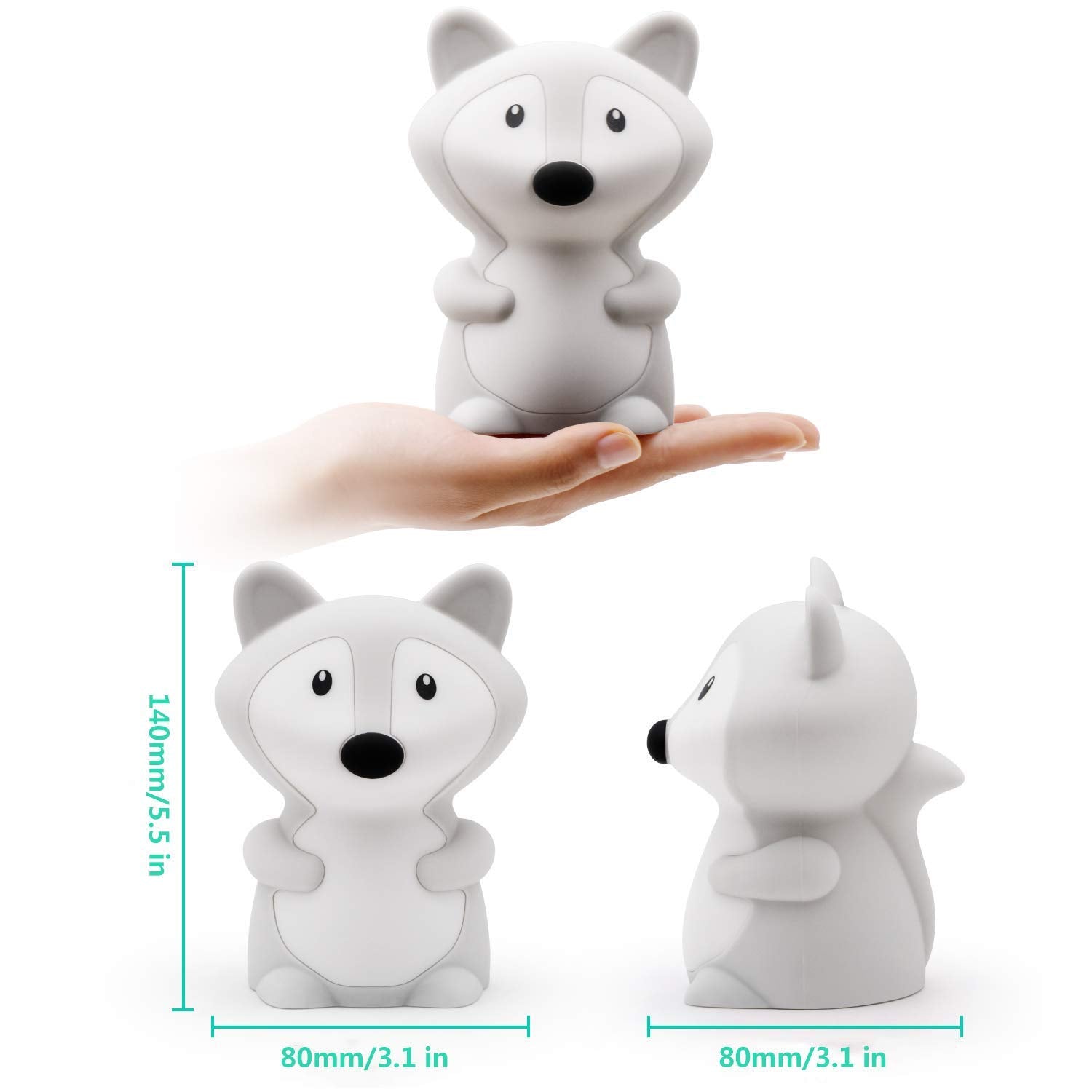 Tianhaixing Fox Kids Night Light, LED Rechargeable Child Lamp, RGB 9 Colors, Touch Control, Silicone, White, Model THX8858