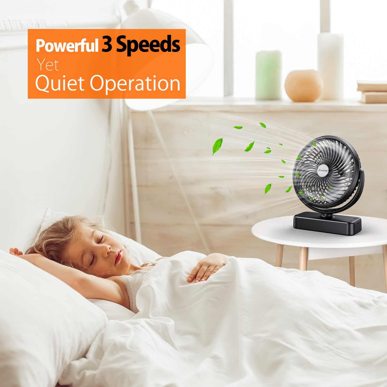 AMACOOL 10000mAh Camping Fan - 7" USB Fan with LED Light, Black, Model F320, Ideal for Tent, RV, Hurricane Emergency, Hanging Hook