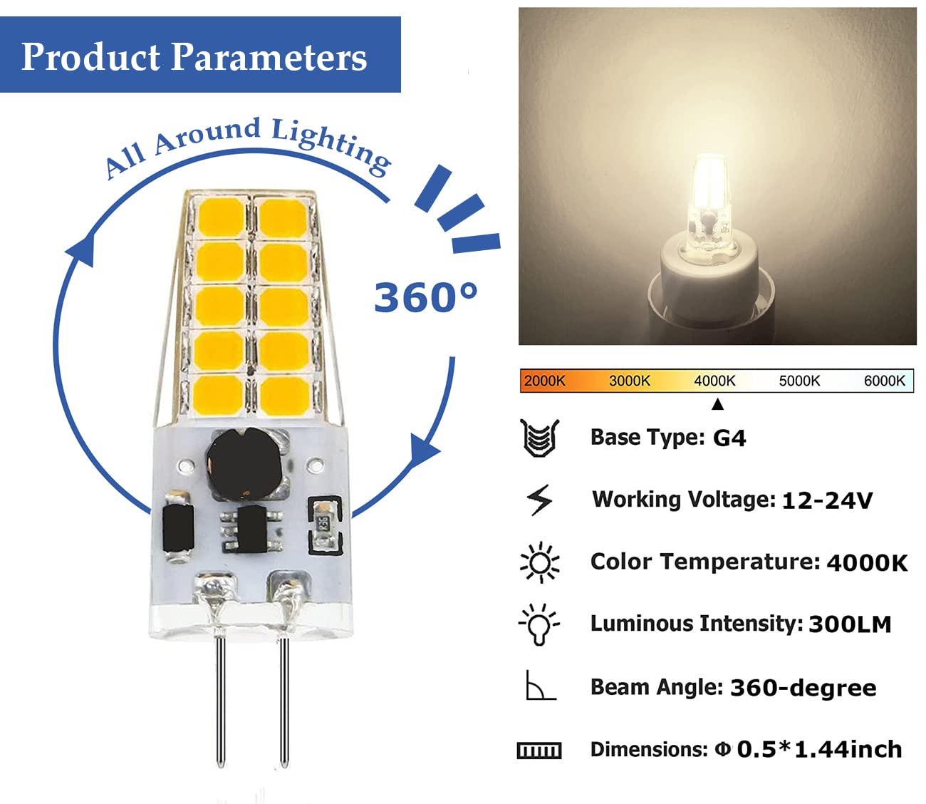 Greeogin Dimmable G4 LED Bulb 12V/24V, 300LM, 4000K Natural White, 10pcs, Silicon Dioxide, T3 G