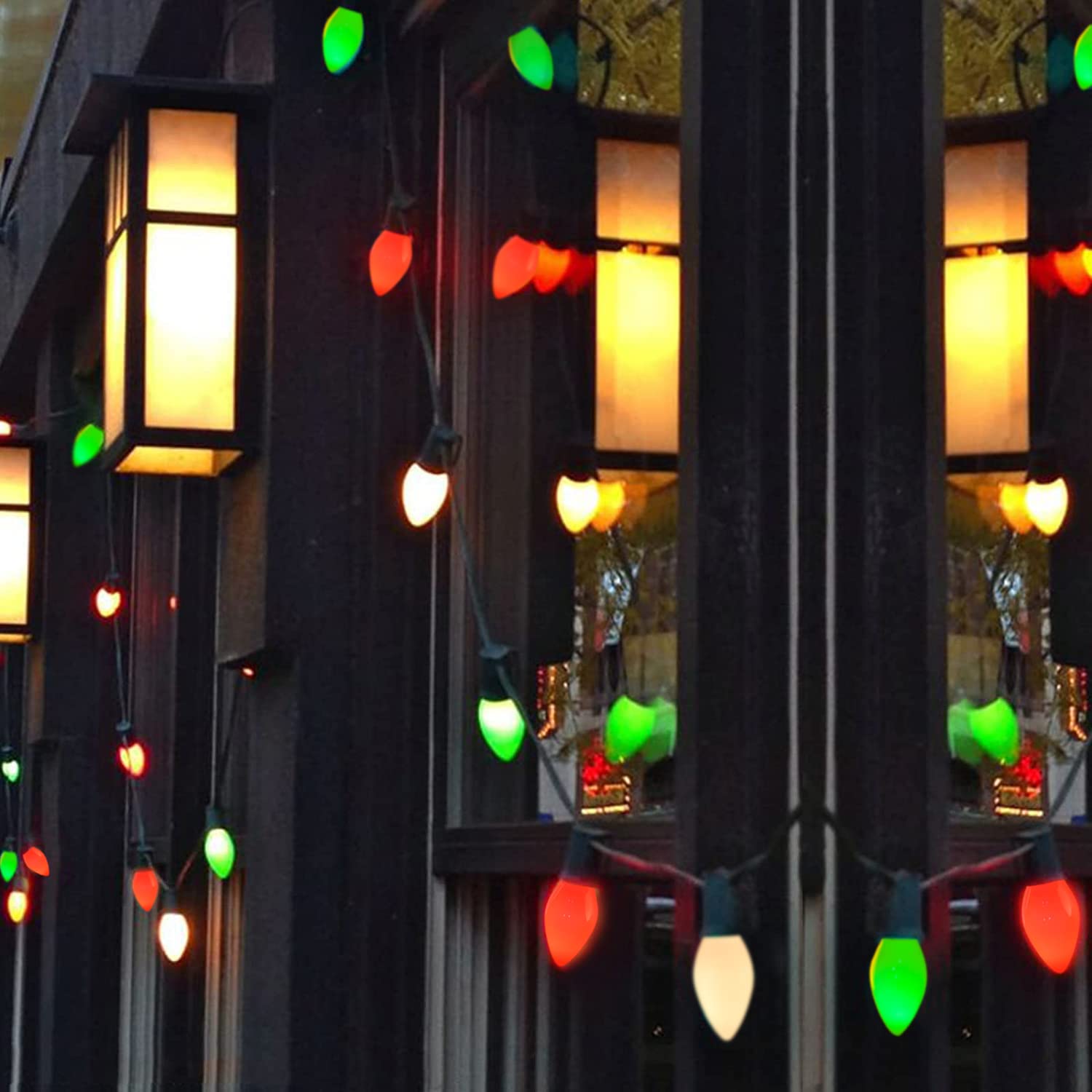 25Ft Christmas Lights Outdoor, C7 Vintage Christmas Lights With 27 Red White And Green Ceramic Bulbs, Hanging Outdoor Christmas