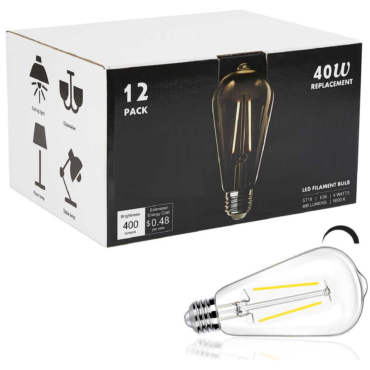 Winsaled 12 Pack Dimmable Led Edison Bulbs 40 Watts Equivalent, 4 Watt Led Filament Bulb, 5000K Daylight St19 Light Bulb, 400Lm 