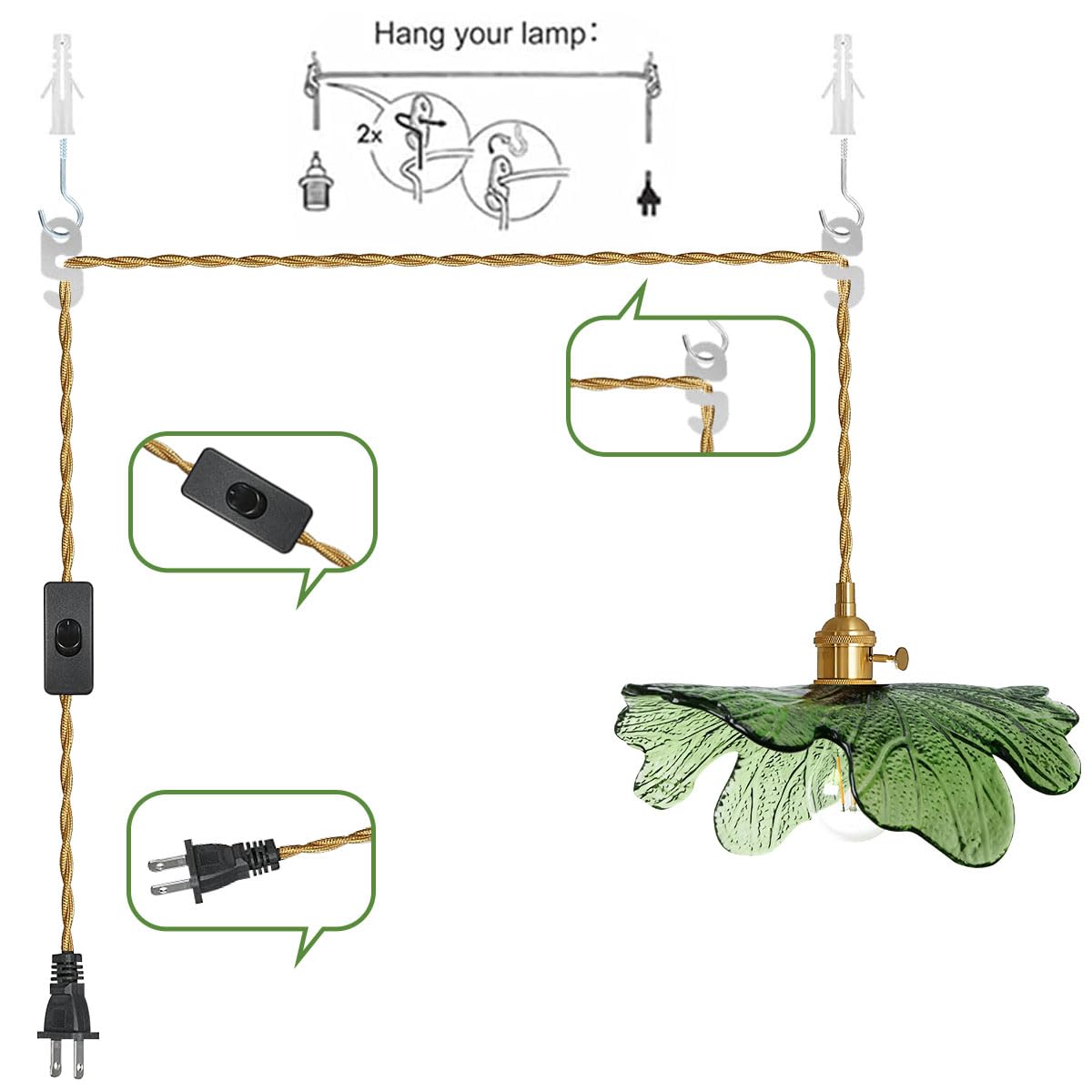 Auwieou Green Glass Plug-in Pendant Light, 14.75ft Cord, 1-Light Brass Fixture for Kitchen, Bedroom, Living Room