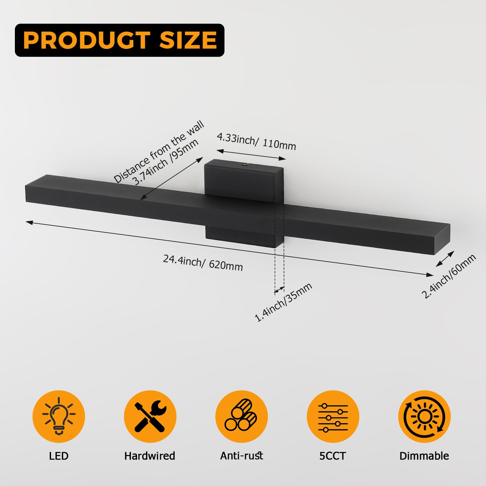 Joosenhouse Bathroom Vanity Light Bar 24W Dimmable LED 24.4 Inch Black-5CCT Metal Model 6332