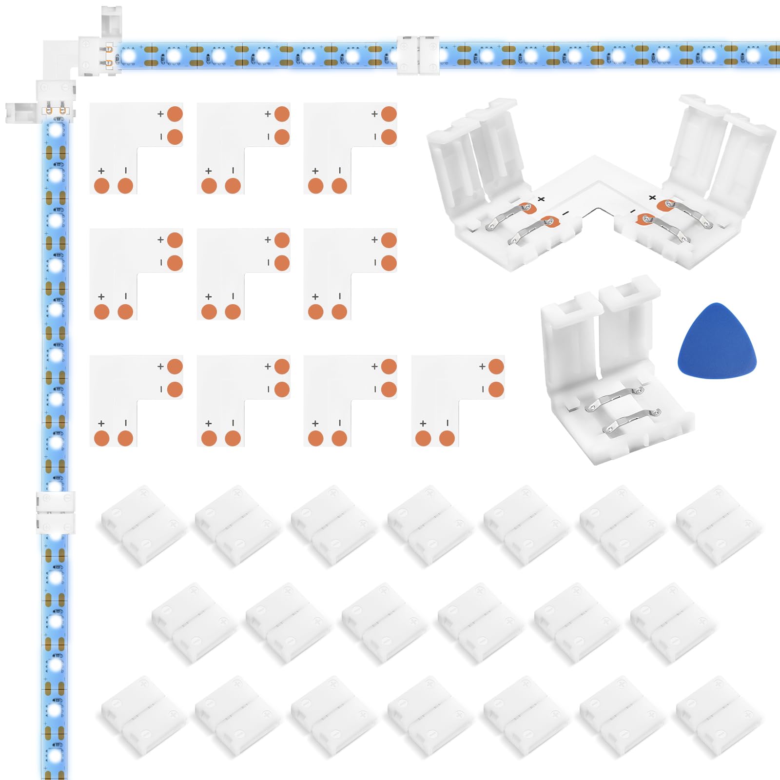 WENHSIN 10-Packs L Shape 2-Pin LED Connectors for LED Strip Lights 10MM Width Unwired Gapless Solderless Adapter Extension