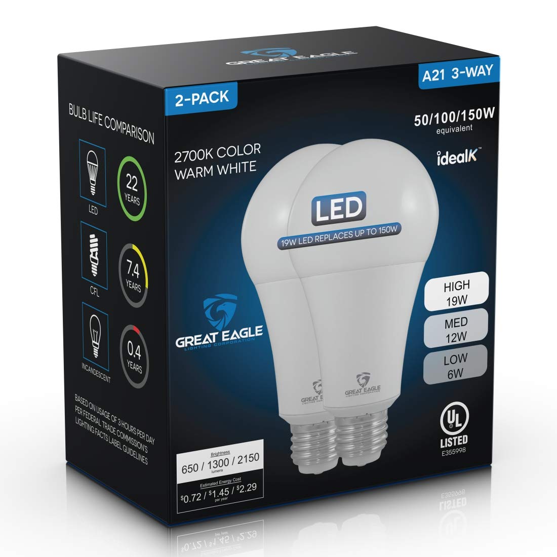 Great Eagle 50/100/150W Equivalent 3-Way A21 Led Light Bulb 2700K Warm White Color (2-Pack)